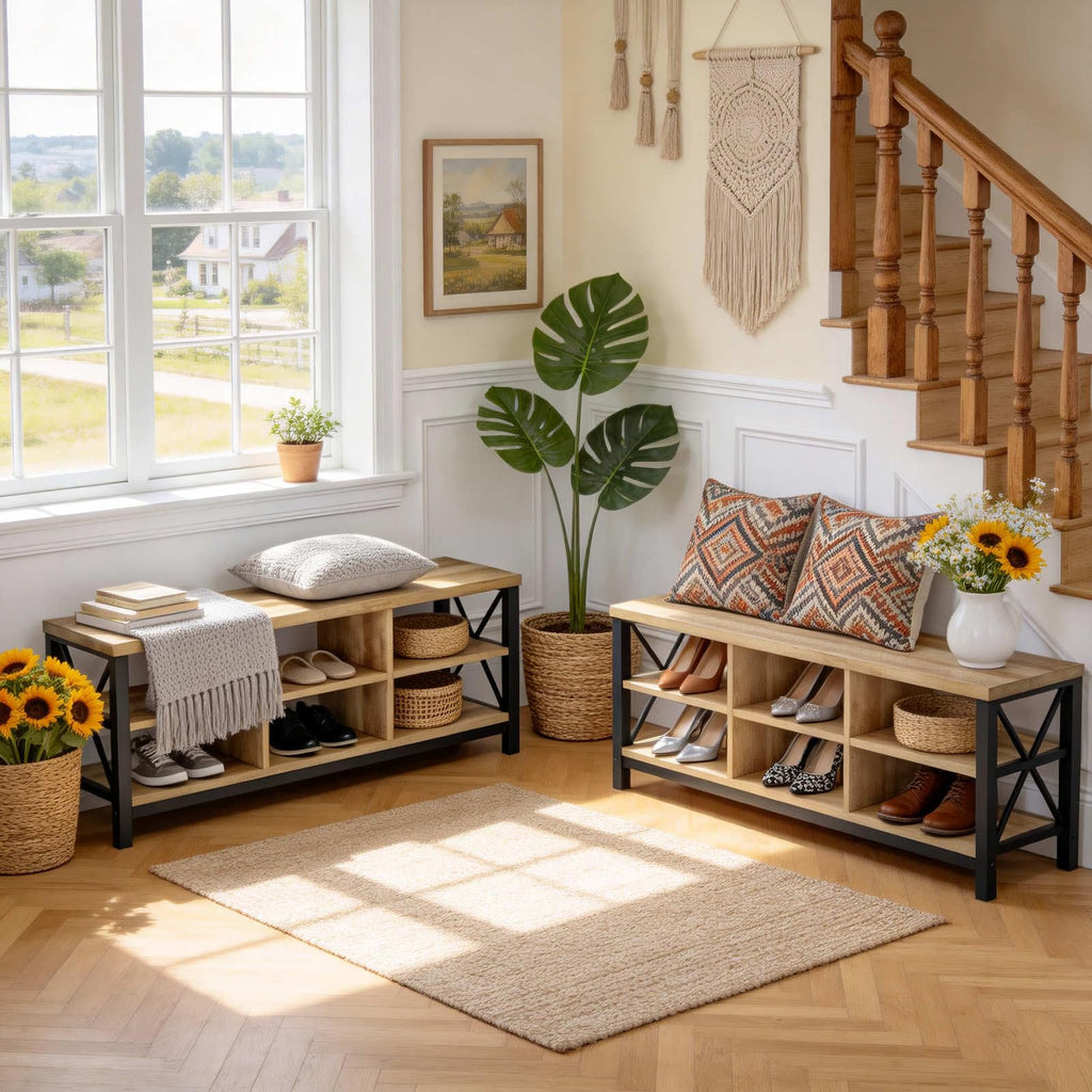 FATORRI Entryway Bench with Storage, 41 Inch Shoe Storage Bench, Industrial Wood Shoe Bench for Entry Way, Living Room, Bedroom and Mudroom (Black)