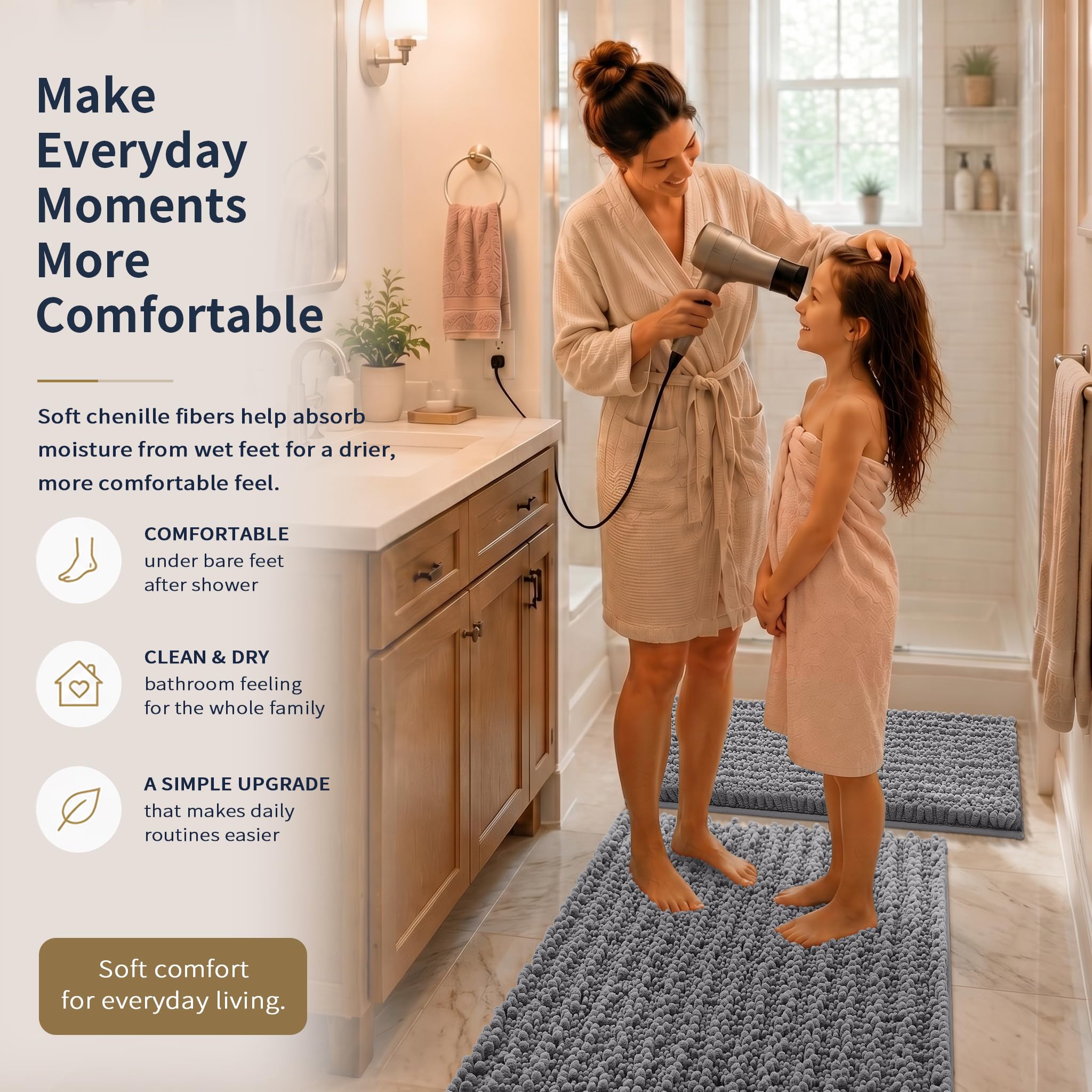 Yimobra Black Bathroom Rug Set 3 Piece - Super Absorbent Quick Dry Chenille Bath Mats & Toilet Rug, Non Slip Machine Washable, Extra Thick Shaggy Floor Mat for Shower Tub Sink