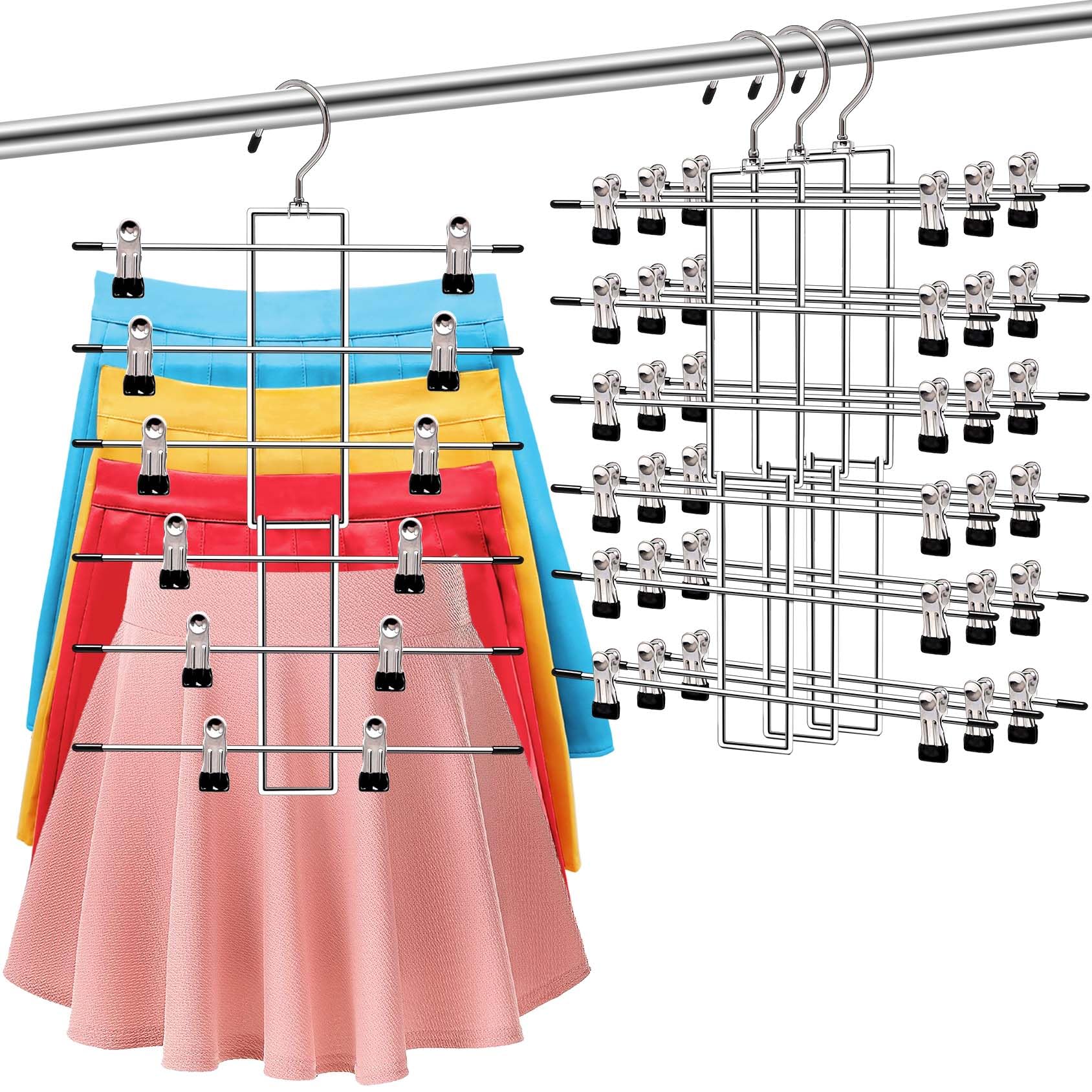 Closet Organizers and Storage, 6 Tier Storage and Organization Pants Hangers Space Saving, Metal Skirt Hangers with Adjustable Clip, 360° Swivel Hook, Dorm Room Essentials for College Students Girls