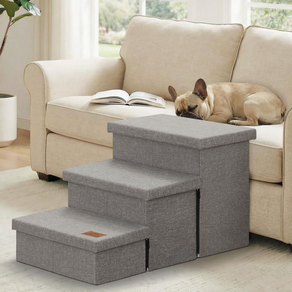 Zerbuger Dog Stairs with Condo 15" H, 2-Step Wider Dog Steps for Small/Medium/Large Old Dogs Cats, Folding Sturdy Storage Pet Stairs Climbing Bed Couch, Ramp for Car Hold Up to 150 lbs, Beige