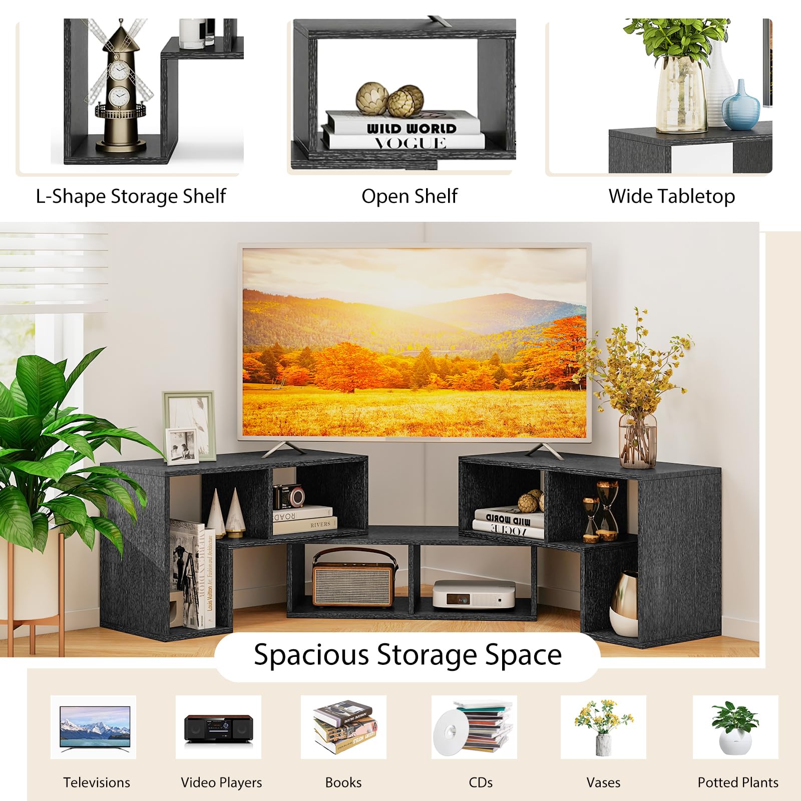 Tangkula 3 Pieces Console TV Stand, Free-Combination Entertainment Center for 50 55 60 65 Inch TV, Minimalist Modern TV Media Stand, DIY Open Storage Bookcase Shelf for Living Room (Black)