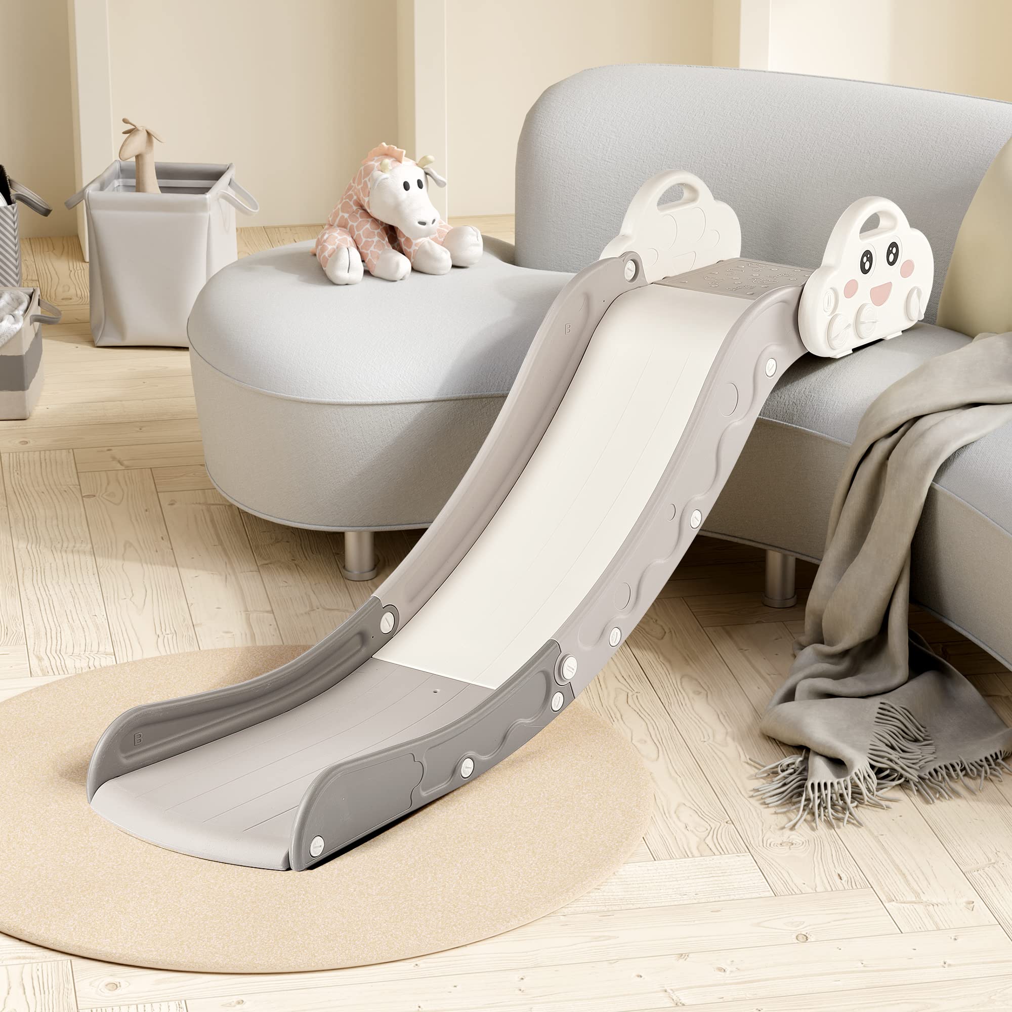 Indoor Kids Baby Couch Slide for Toddler 1-3, Sofa Slide Add-on Attachment for Bed Nugget Playgrounds, with Secure Base Guardrail, Gentle Slope Extended Buffer Zone, Fun Car Design, Blue