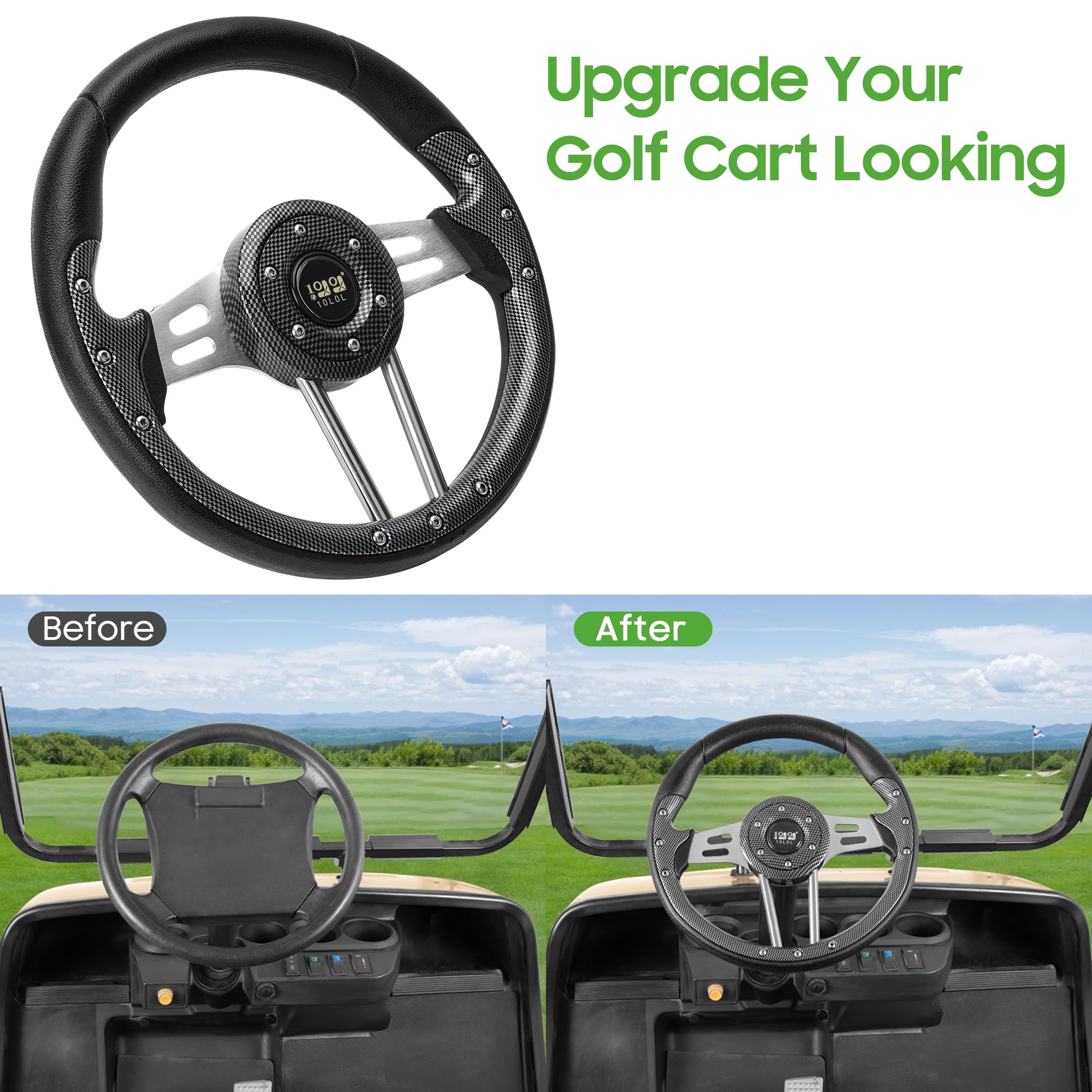 10L0L Golf Cart Steering Wheel, 13' Universal Fit for EZGO TXT/RXV, Club Car DS/Precedent, Yamaha G2-G29 (Carbon Black)