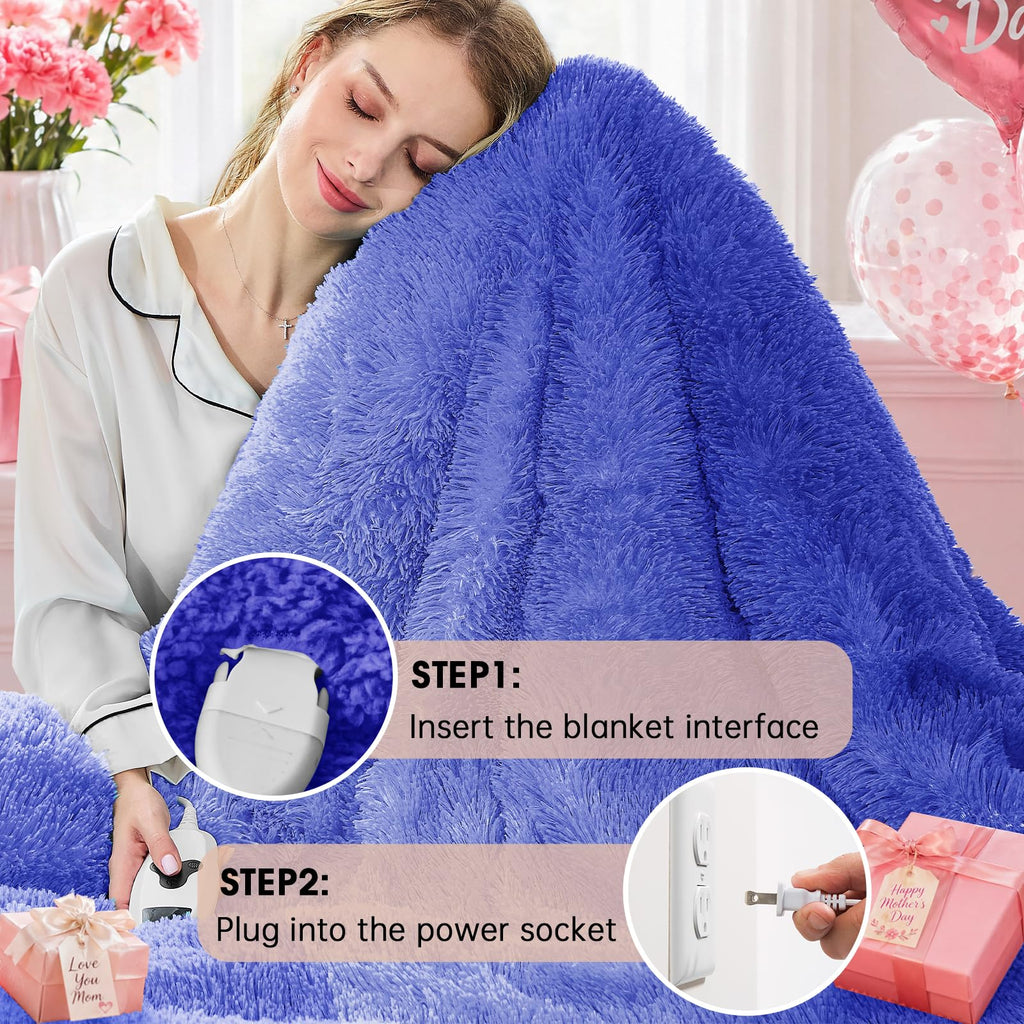 Heated Electric Blanket Queen–Faux Fur with Soft Thick SherpaWarm Winter Birthday Gifts for Women Grandma,Dual Control,10 Heat Settings,5 Time Settings, 84x90, Beige