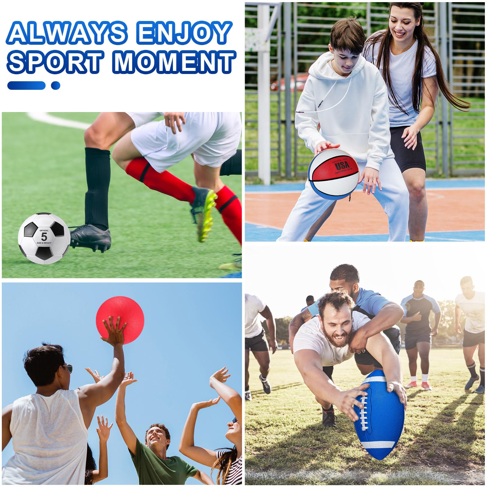 Lenwen 4 Pcs Sports Balls Set for Teen Adult, Include Official Size Basketball Soccer Football Playground Ball Pump Equipment Bag Ball Gifts Back to School