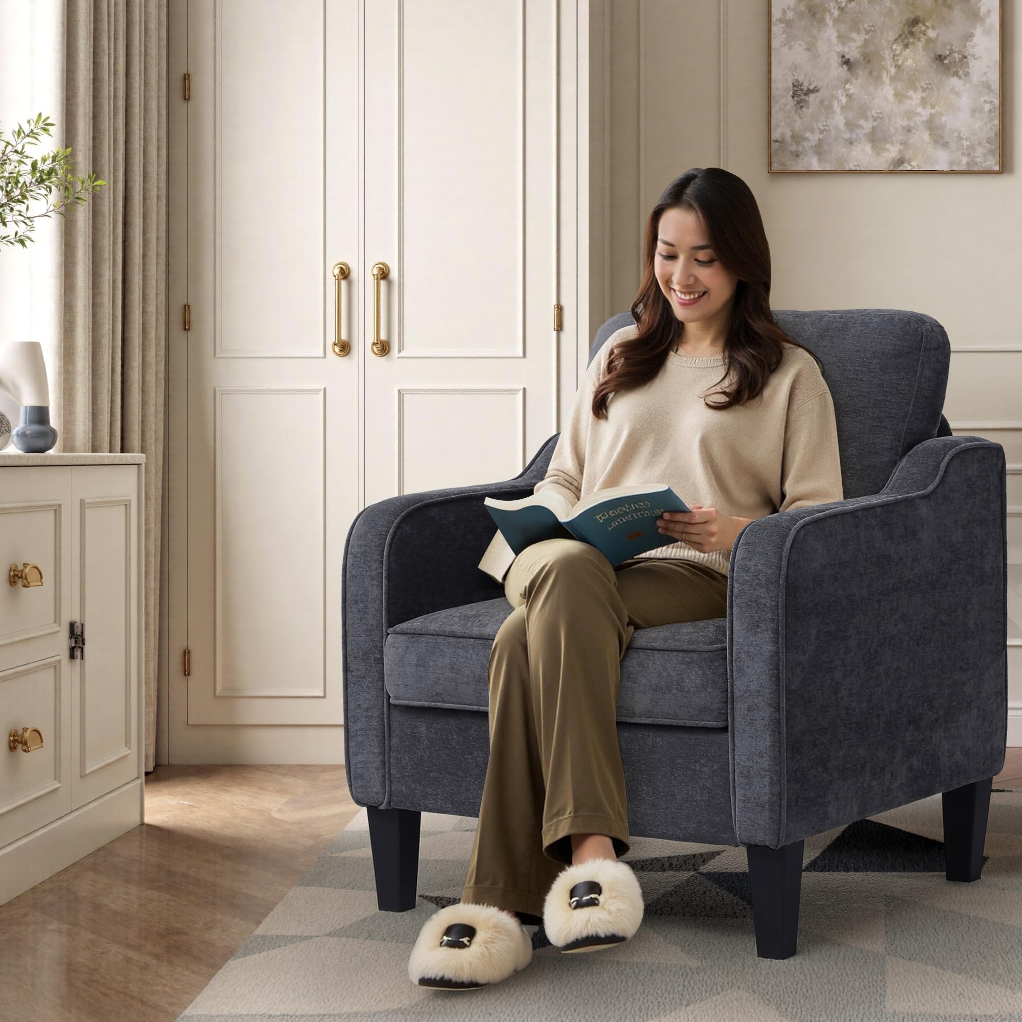 Accent Chair for Living Room, Mid Century Modern Reading Chair for Bedroom, Upholstered Armchair with Side Pockets, Comfy Single Sofa Side Chair for Office, Apartment, Small Room, Beige