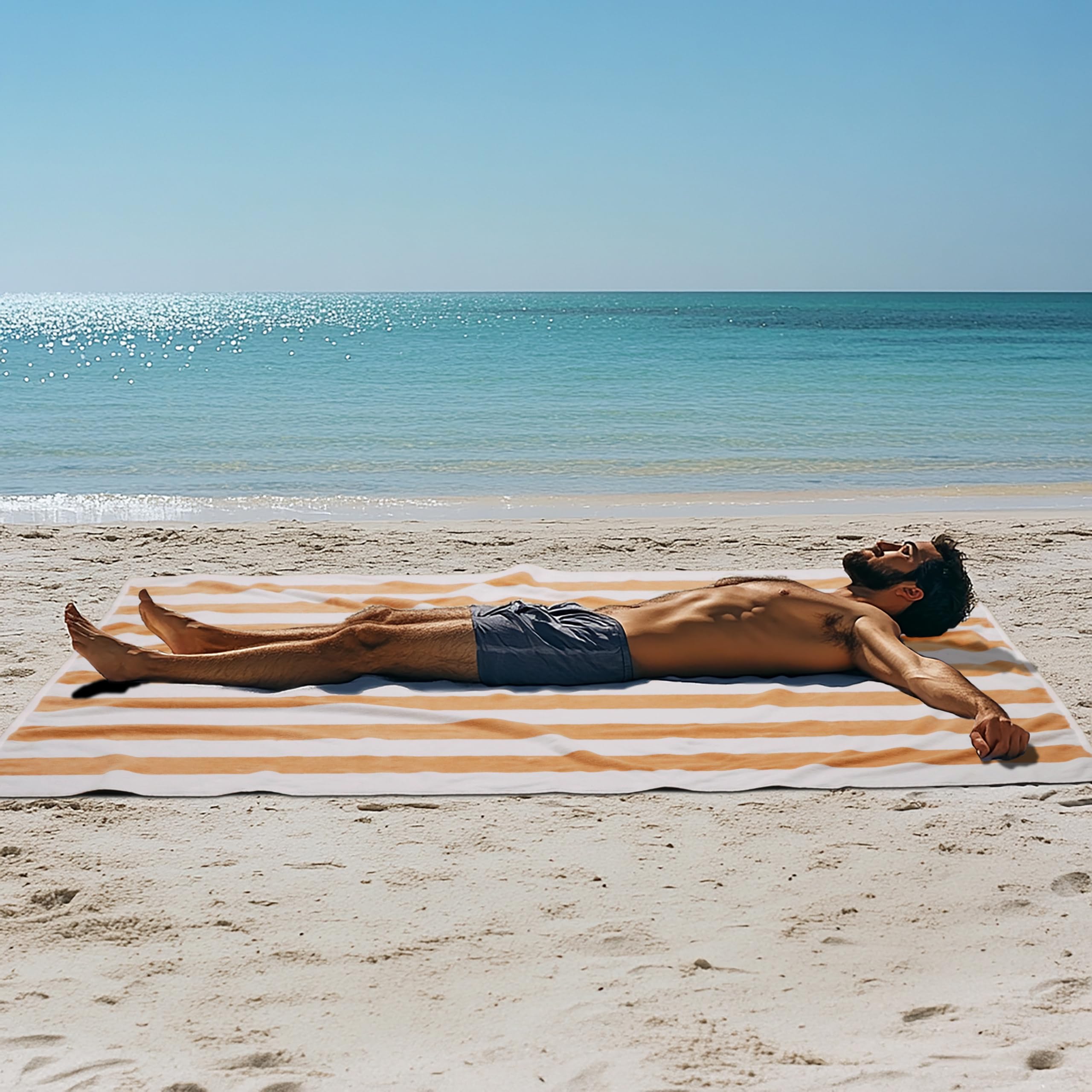 COTTON CRAFT Ombre Stripe Extra Wide Beach Towel for Two - 58x68 - Pure Cotton - Double Woven Jacquard Thick Plush Super Soft Luxurious Velour Pile - Pool Picnic Bath - 450 GSM - Blue