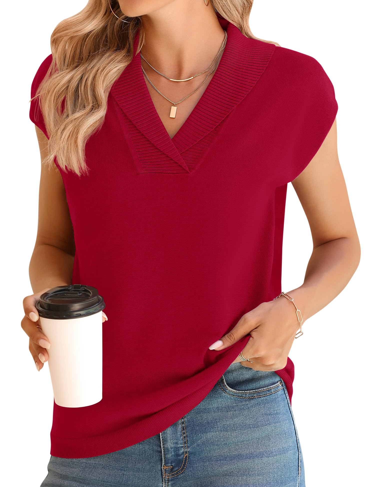 Ivicoer Sweater Vest Women V-Neck Knitted Pullover Short Cap Sleeve Collared Tops Dressy Casual 2025 Summer Fashion Trendy