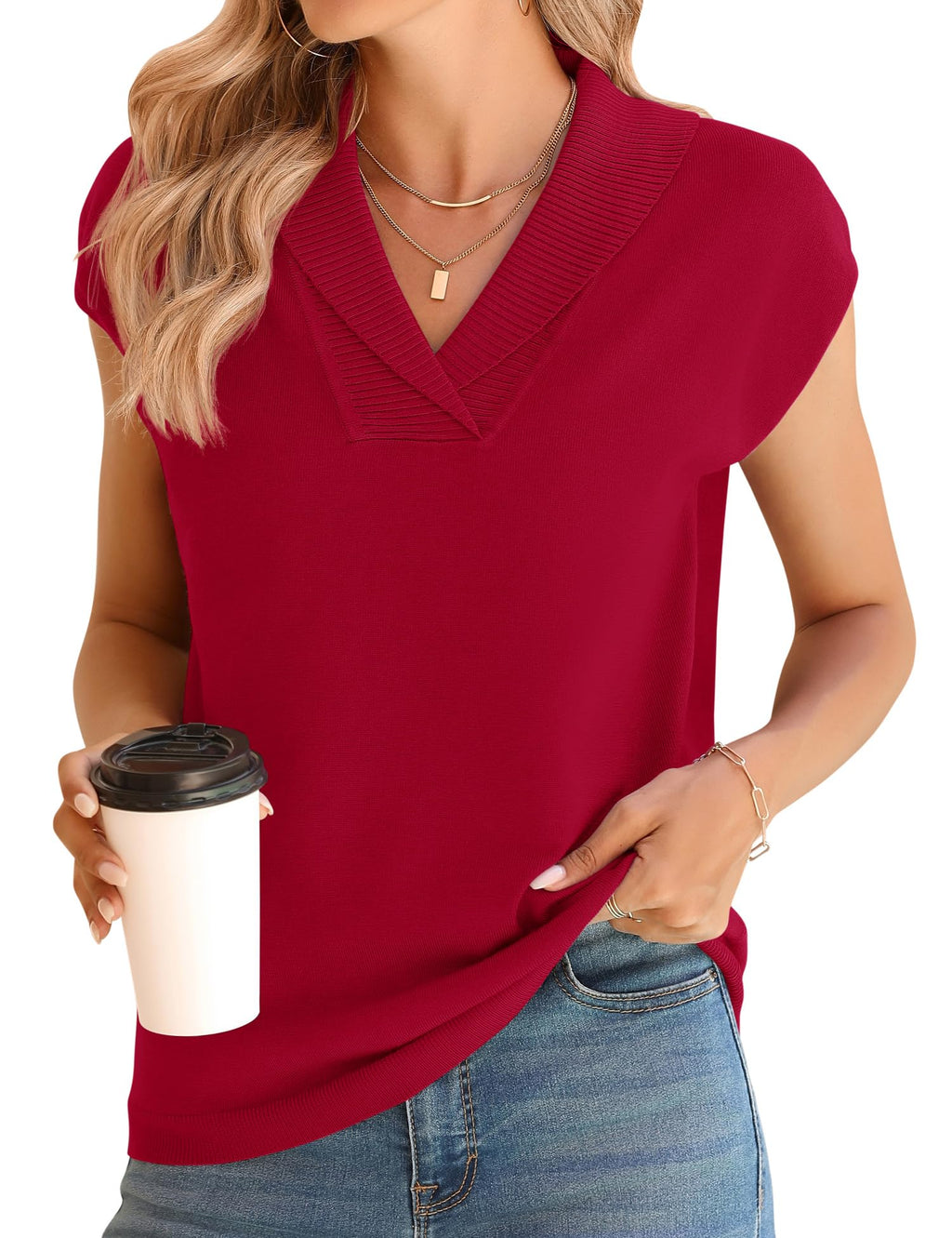 Ivicoer Sweater Vest Women V-Neck Knitted Pullover Short Cap Sleeve Collared Tops Dressy Casual 2025 Summer Fashion Trendy
