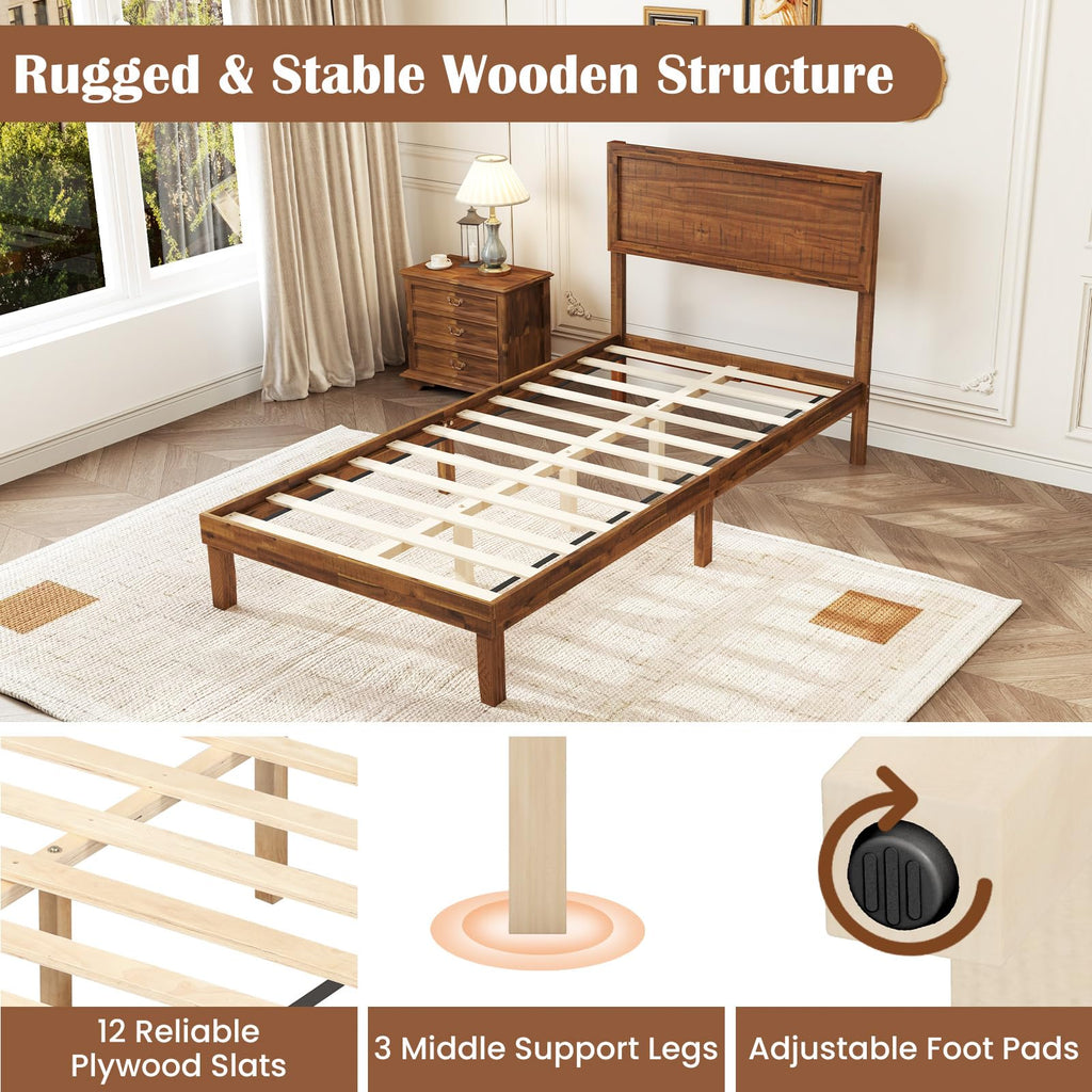 Giantex Wood Twin Bed Frames with Headboard, Solid Acacia Wood Platform Bed with 12 Strong Wooden Slat Support, Scandinavian Style Art Deco Twin Size Bed Frame, No Box Spring Needed, Rustic Brown
