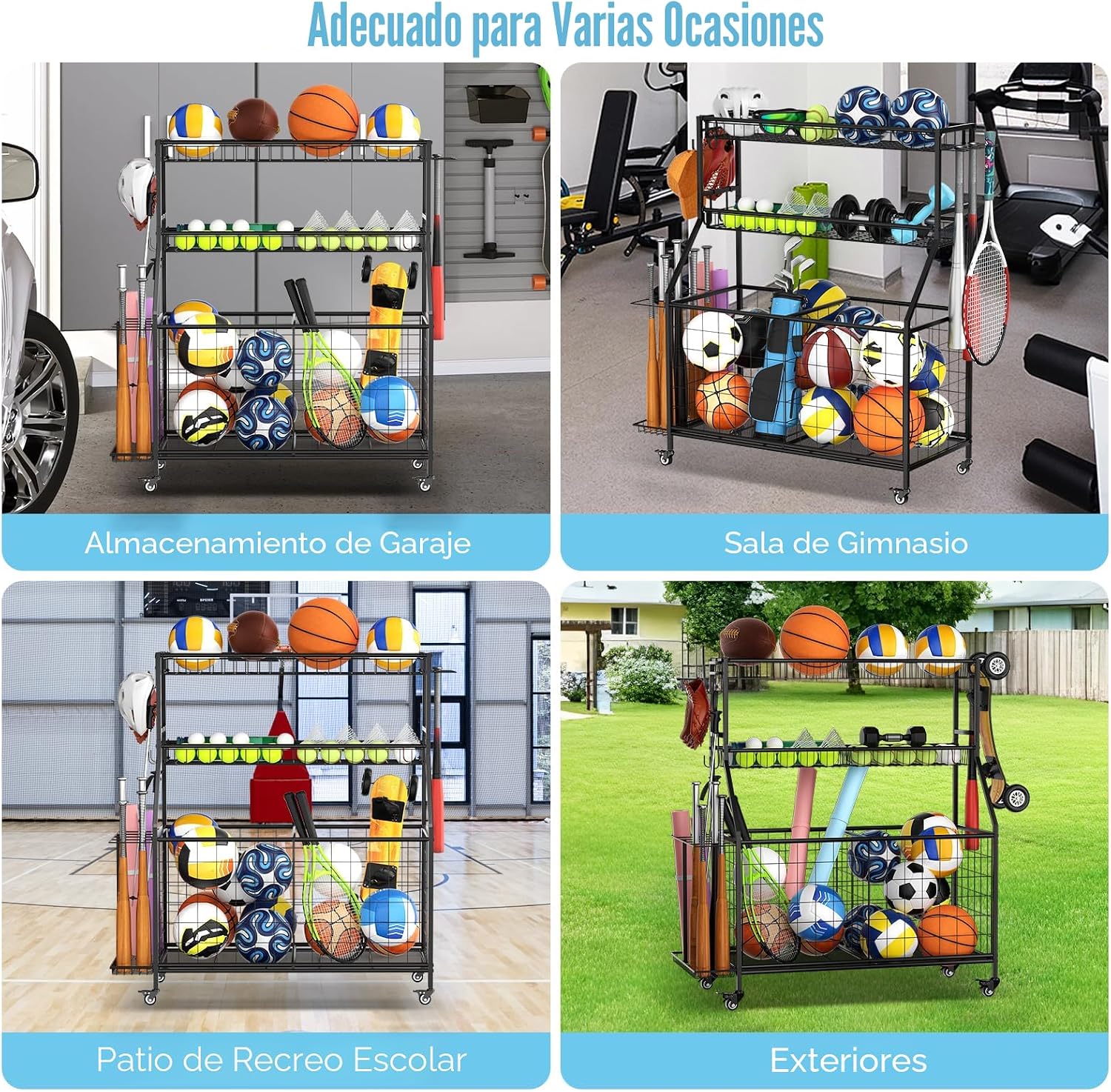 Organizador de garaje para equipos deportivos, estante de almacenamiento de bolas de garaje resistente con canasta, ganchos y carrito rodante para equipo deportivo y almacenamiento de juguetes, uso en