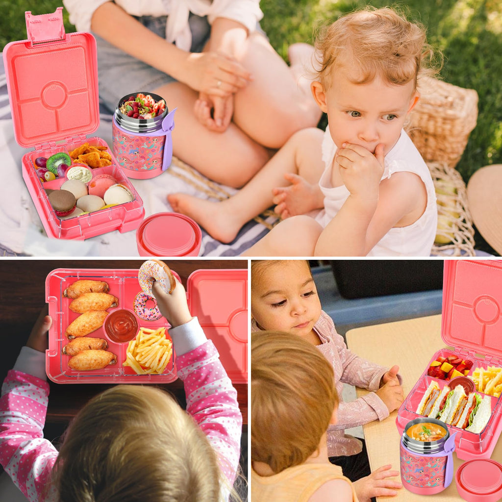 Bento Lunch Box Set for Kids with 10oz Soup Thermo, Leak-Proof Lunch Containers with 4 Compartment, Kids Thermo Hot Food Jar and Insulated Lunch Bag for Kid to School,BPA-Free(Basketball)