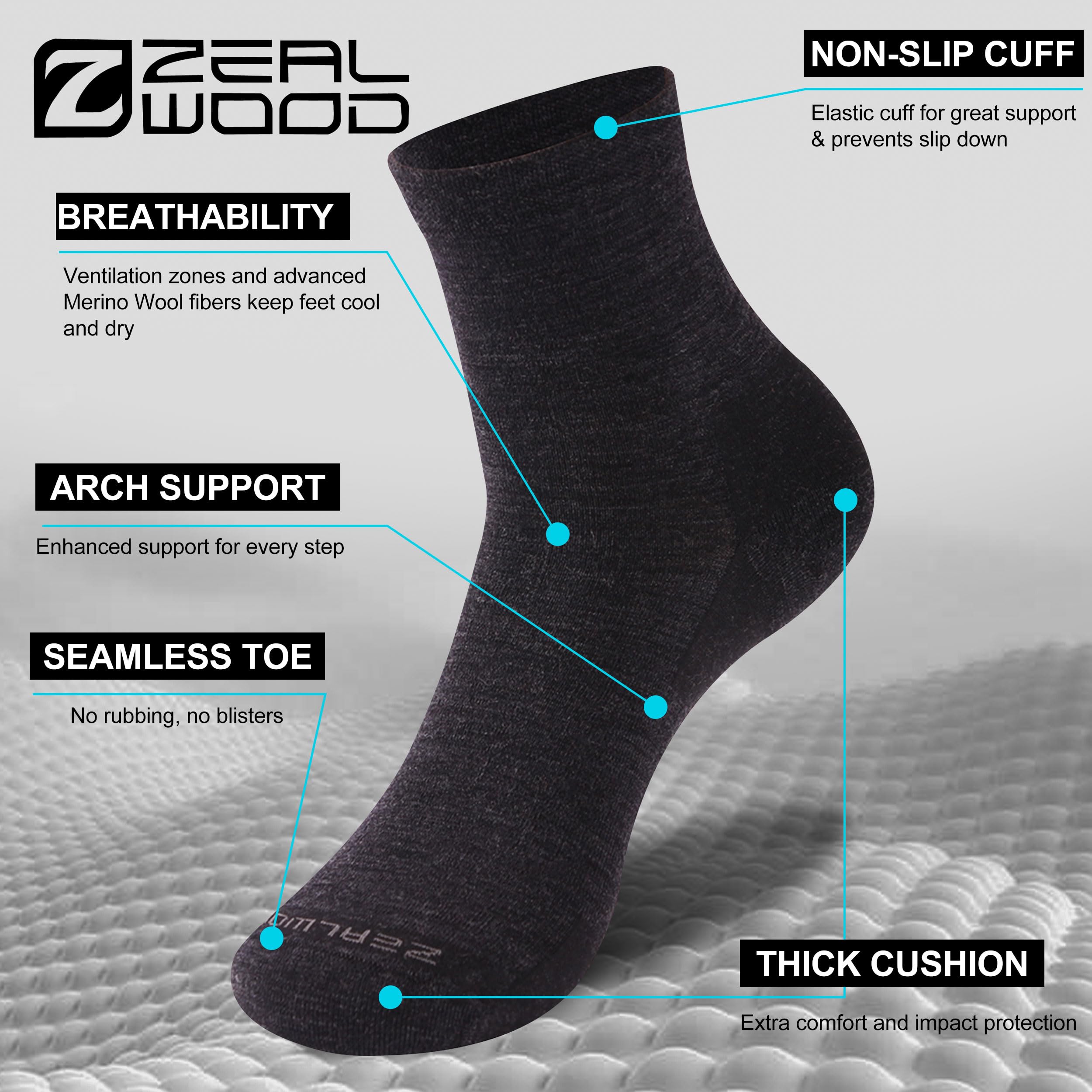 No Show Athletic Socks, ZEALWOOD 3 Pairs Merino Wool Ultra-Light Running Tennis Golf Socks for Men Women