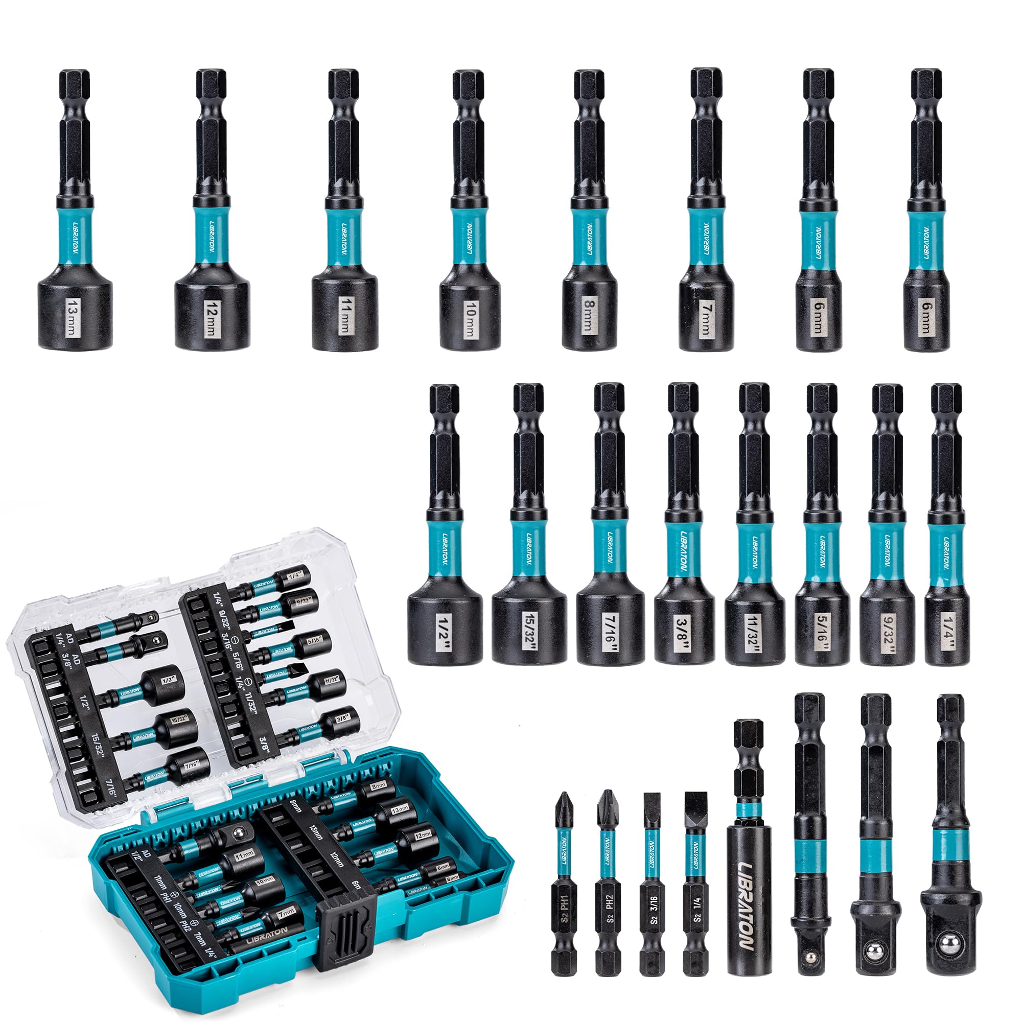 LIBRATON 24PCS Magnetic Nut Driver Set, Impact Drill Driver Bit Set 1/4", Metric and SAE Nut Drivers for Impact Drill, Impact Socket Adapters, Screwdriver Bits, Bit Holder, with Black Phosphating