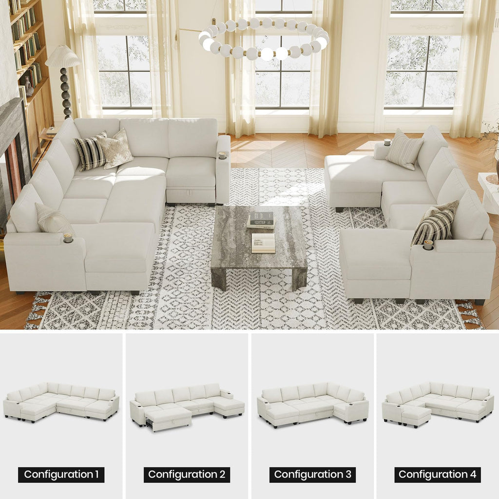 Belffin Modular Sectional Sleeper Sofa Bed with Storage Chaise L Shaped Sectional Couches for Living Room Armrest with Cup Holder. White Couch