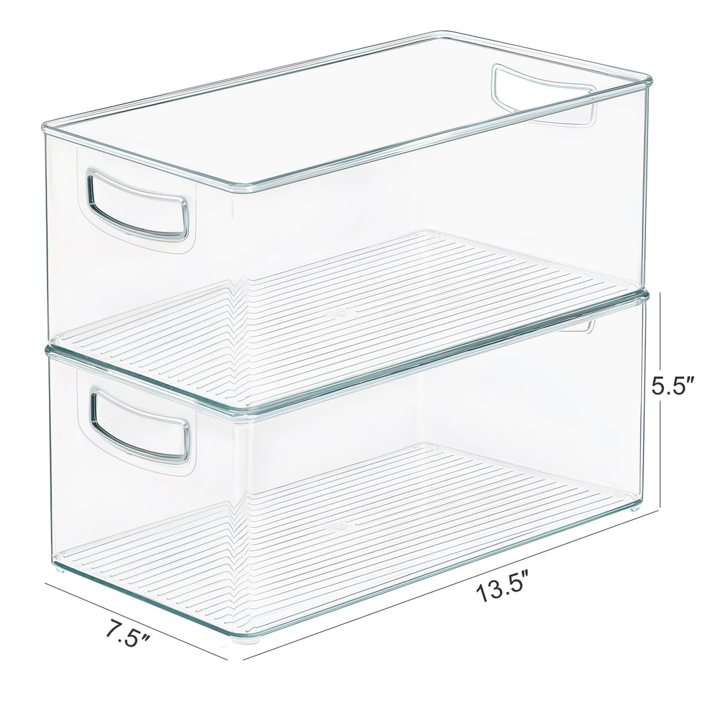 Heyuzb 2 Pack Clear Freezer Organizer Bins Stackable Storage Bins with Side Handles for Kitchen Pantry Cabinet Organzation and Storage