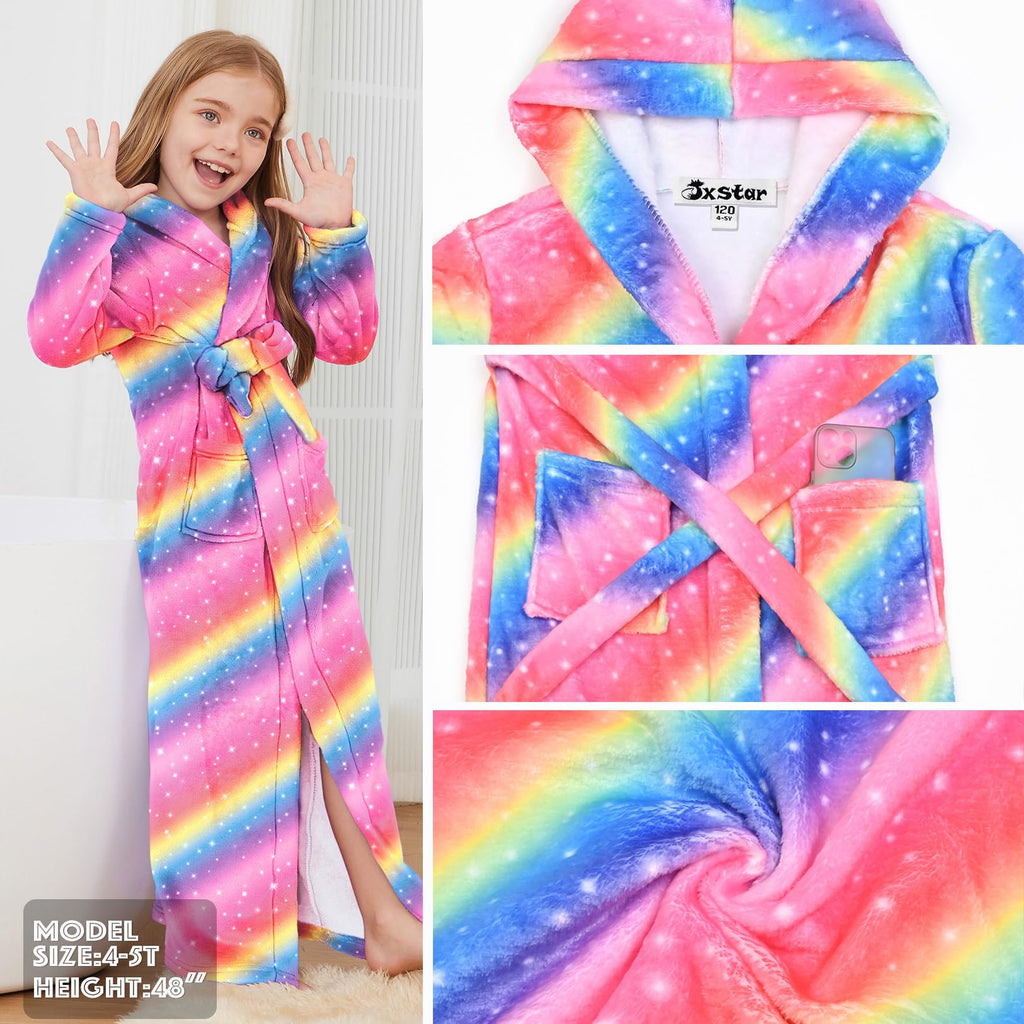 Jxstar Girls Bathrobes Kids Long Hooded Robes Plush Full Length Coral Fleece Pajamas Sleepwear