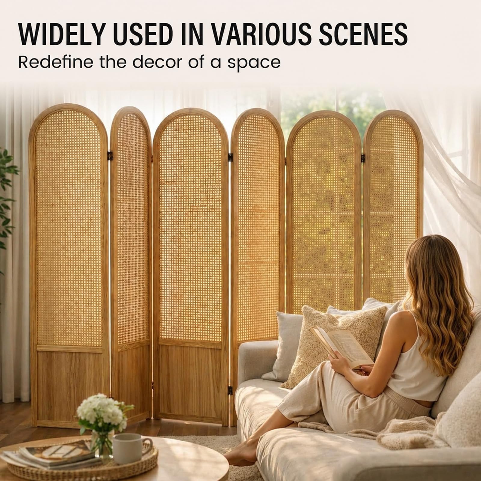 Hand-Woven Rattan Room Divider 3 Panels, 5.9 Ft Tall Wood Room Divider Panel, Partition Screen Divider Wall, Folding Privacy Screen, Wall Divider for Room Separation Home Office - Black