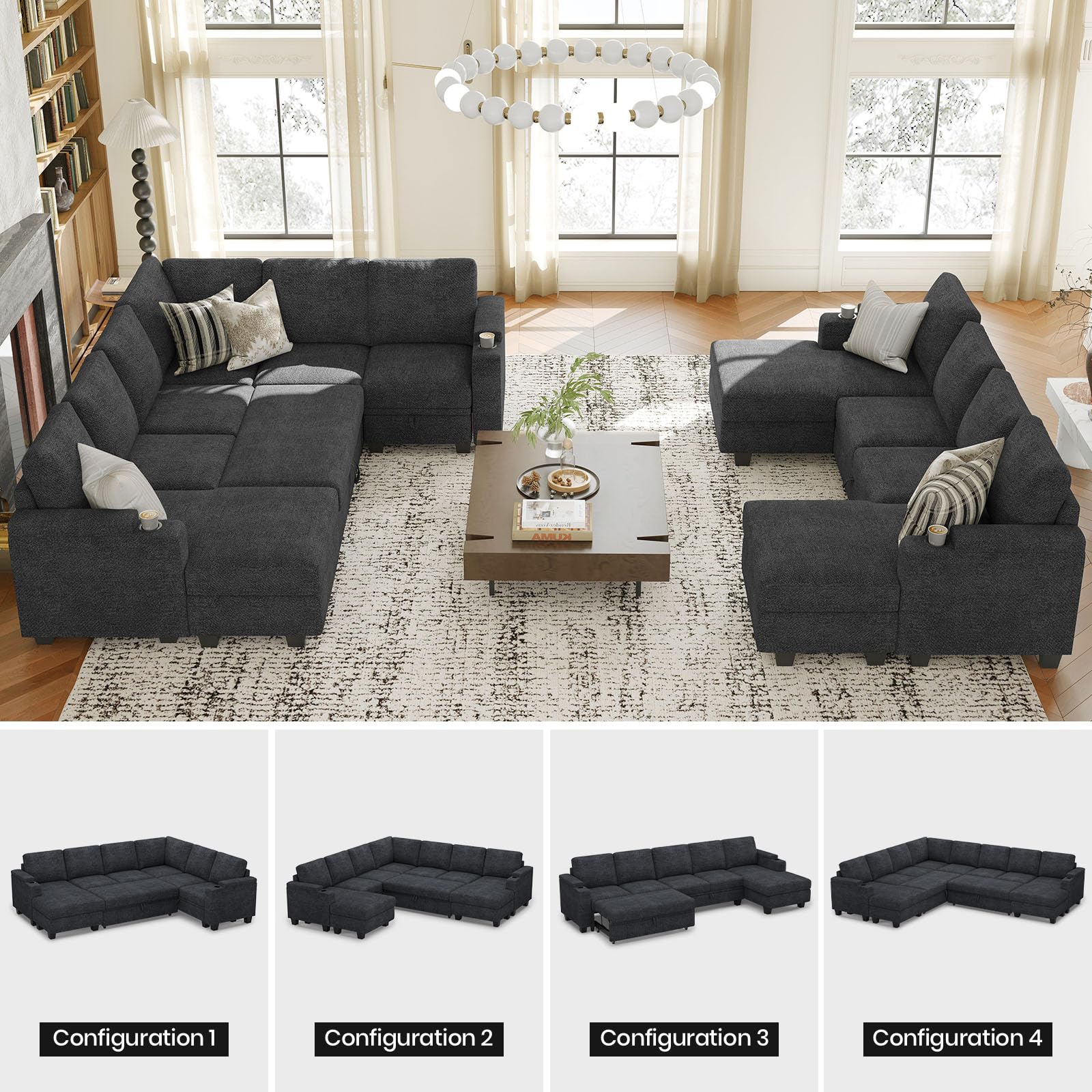 Belffin Modular Sectional Sleeper Sofa Bed with Storage Chaise L Shaped Sectional Couches for Living Room Armrest with Cup Holder. White Couch