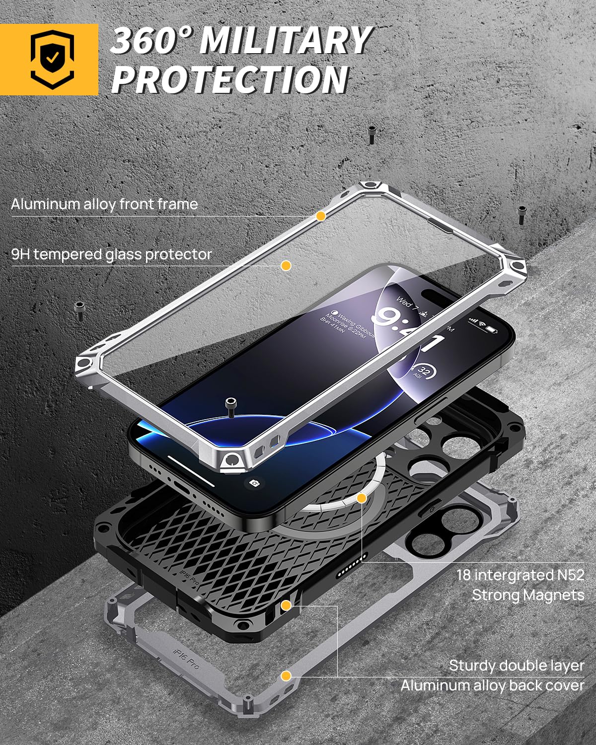 Lanhiem for iPhone 16 Metal Case with Camera Cover & Stand [Compatible with MagSafe] [Built-in Kickstand] [Military-Grade Protection] Heavy Duty Rugged Magnetic Phone Case, Black