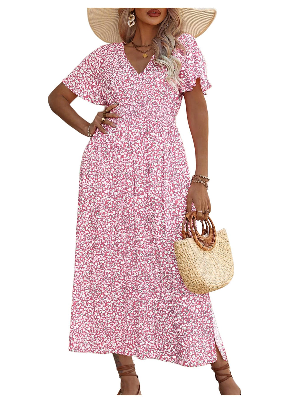 Floerns Women's Plus Size Boho Hawaiian Tropical Dresses V Neck Short Sleeve Floral A Line Long Dress Vacation Beach Outfits