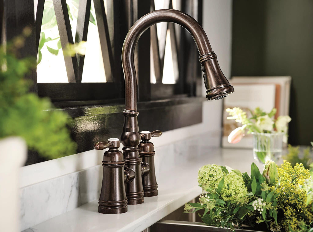 Moen Brushed Gold Weymouth Two Handle Pulldown Bridge Kitchen Faucet, S73204BG