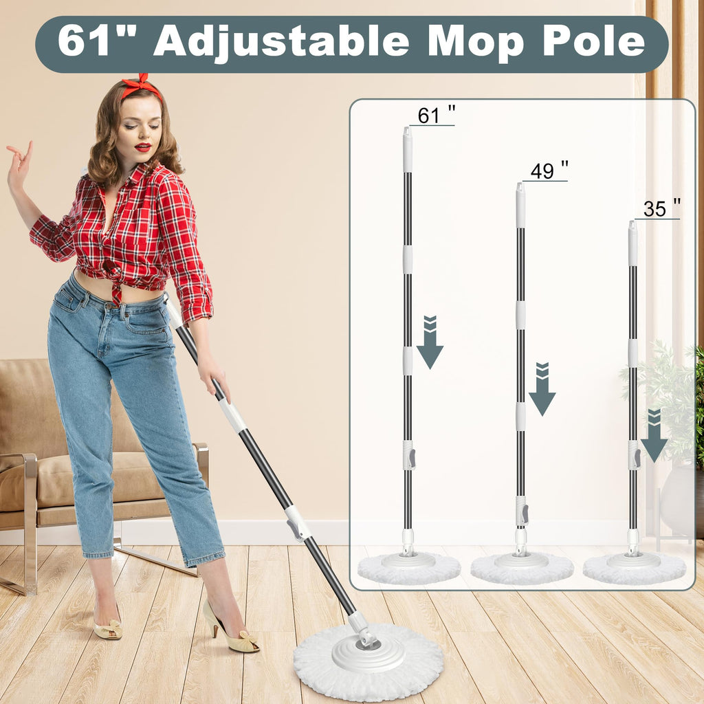 Dual Compartment Spin Mop and Bucket, Mop and Bucket with Wringer Set,360°Rotating Spinning Mopping for Floor Cleaning with 6 Microfiber Replacement Heads, 61" Extended Handle, 2X Wheel - Deep Green