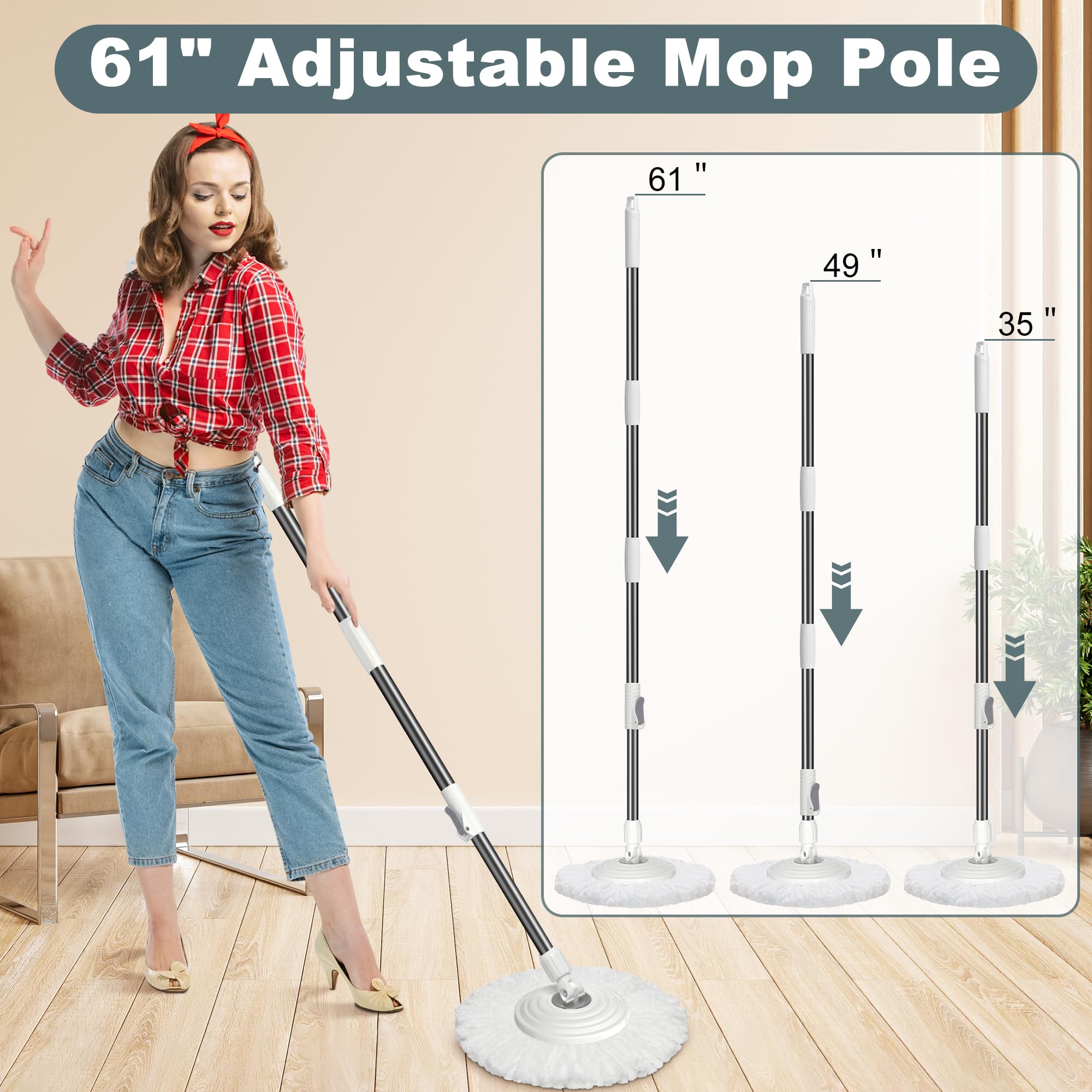 Dual Compartment Spin Mop and Bucket, Mop and Bucket with Wringer Set,360°Rotating Spinning Mopping for Floor Cleaning with 6 Microfiber Replacement Heads, 61" Extended Handle, 2X Wheel - Deep Green