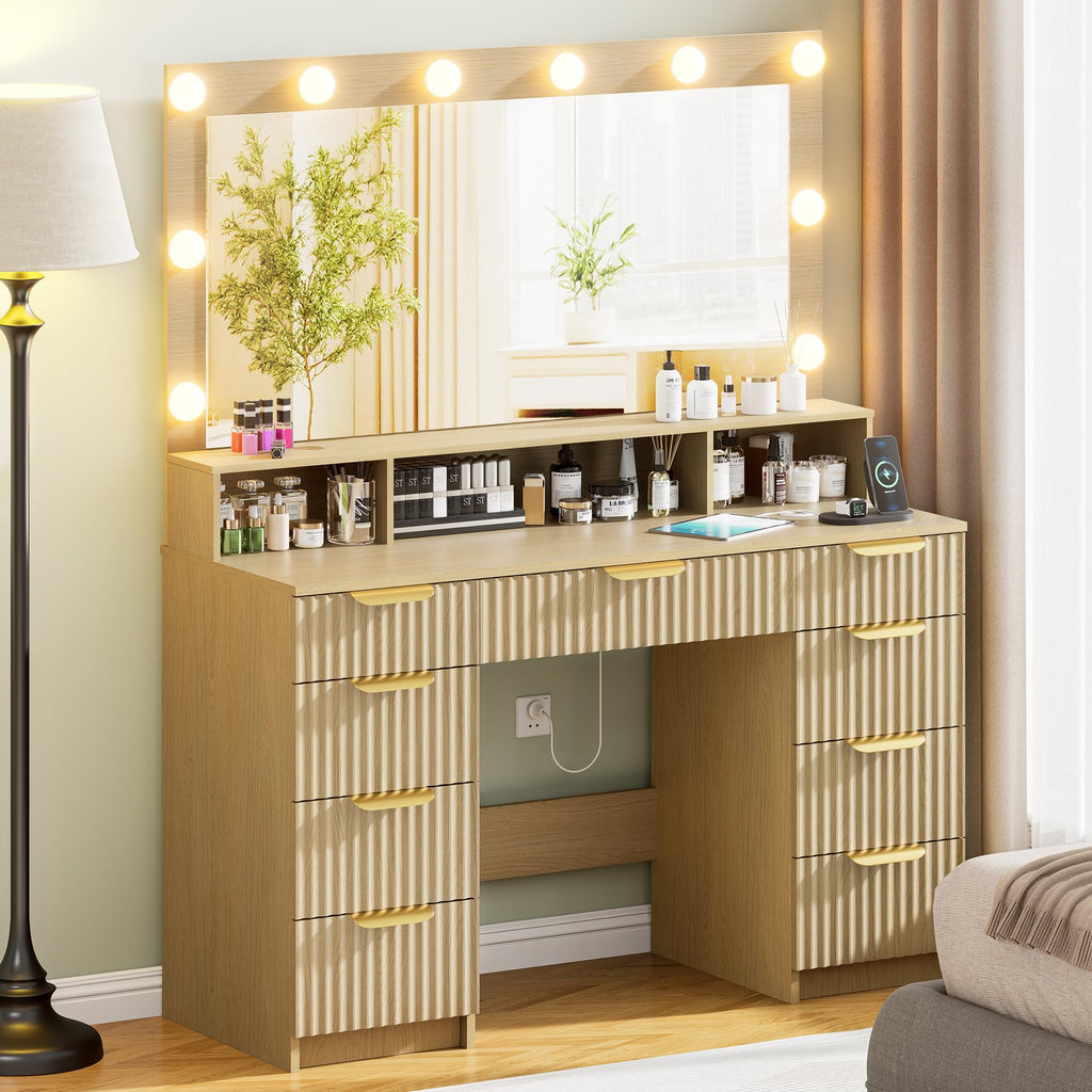 Vanity Desk with Lighted Mirror, Black Vanity with 4 Drawers,Makeup Vanity with Storage Shelves and Power Outlet,10 Lights with 3 Color Modes Brightness Adjustable for Girls’ Bedroom (Black)