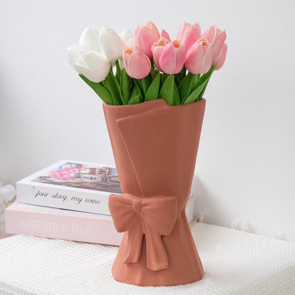 Relexome Beige Ceramic Bow Vase 9.64 in Unique Cute Modern Decorative Bouquet Flower Vases for Home Living Room Table Decor Women Girl Gifts
