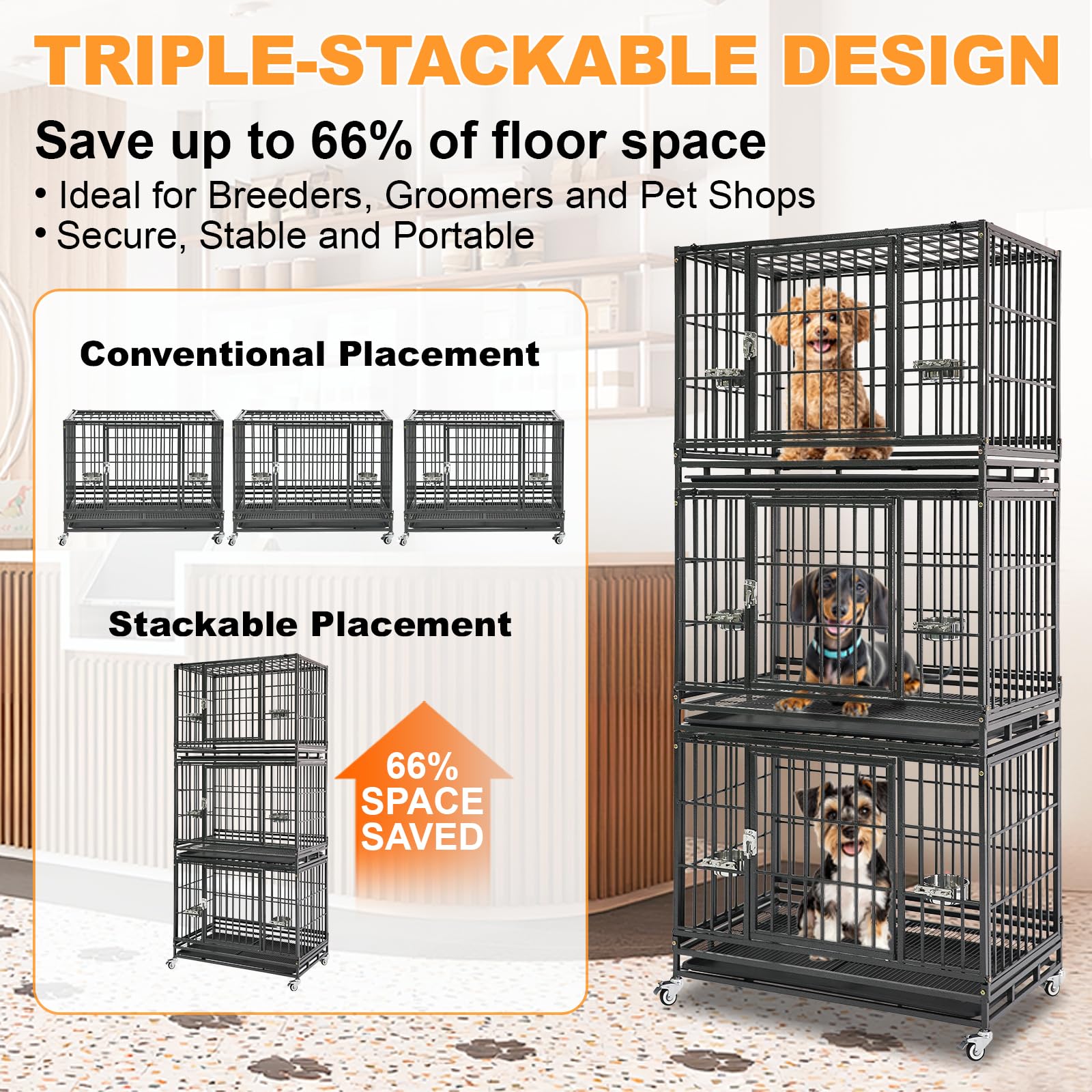 Homey Pet 37 inch Stackable Heavy Duty Dog Crate, Indestructible Escape Proof Dogs Cage Kennel with Lockable Wheels, Removable Tray & Metal Grid, Double Doors for High Anxiety Medium/Small Dogs
