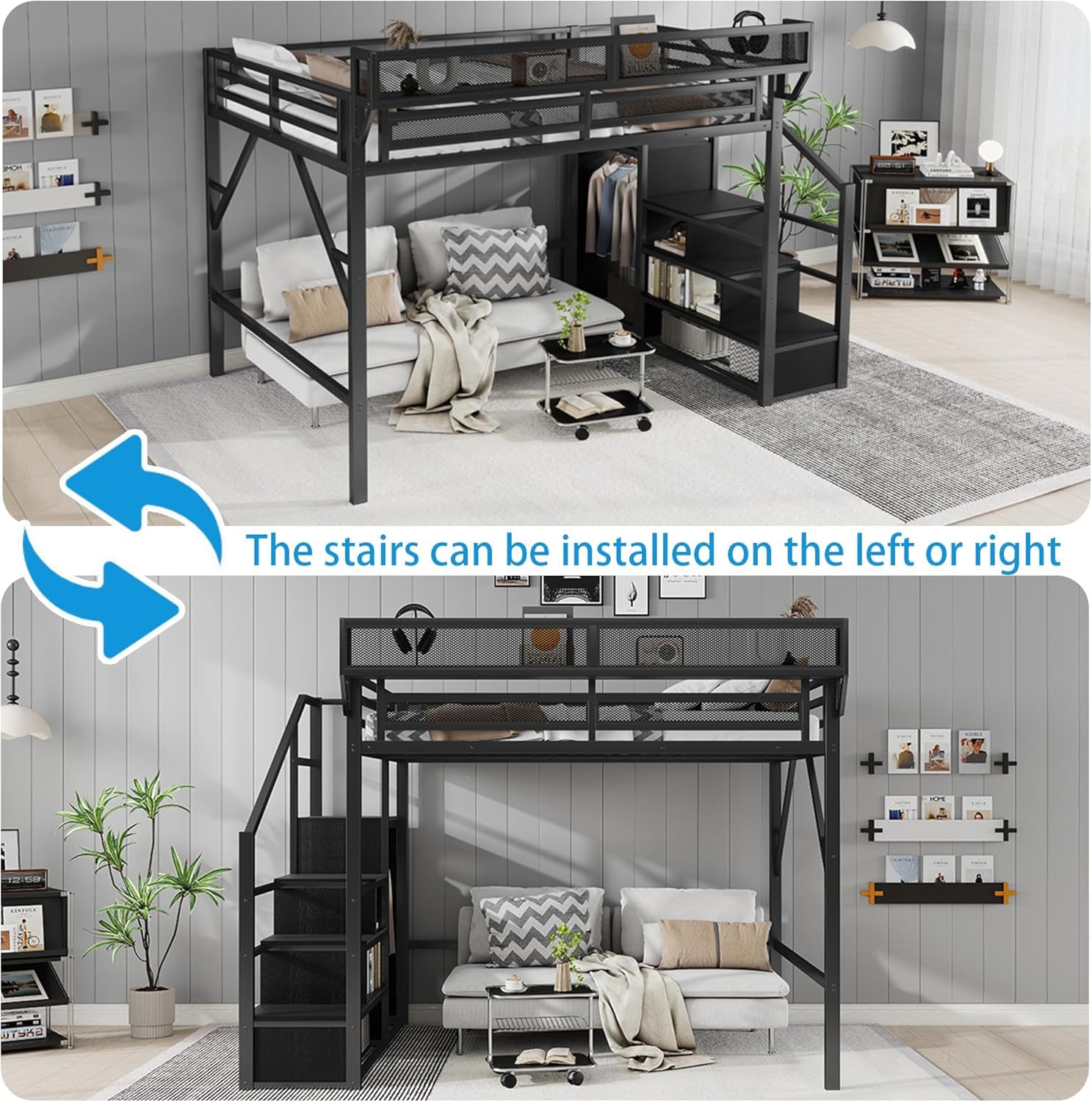 Mirightone Full Size Loft Bed with Stairs, Metal Loft Beds, High Loft Bed Frame with Storage Shelves, Lofted Full Bed with Wardrobe for Kids and Teens, No Box Spring Needed (Black)