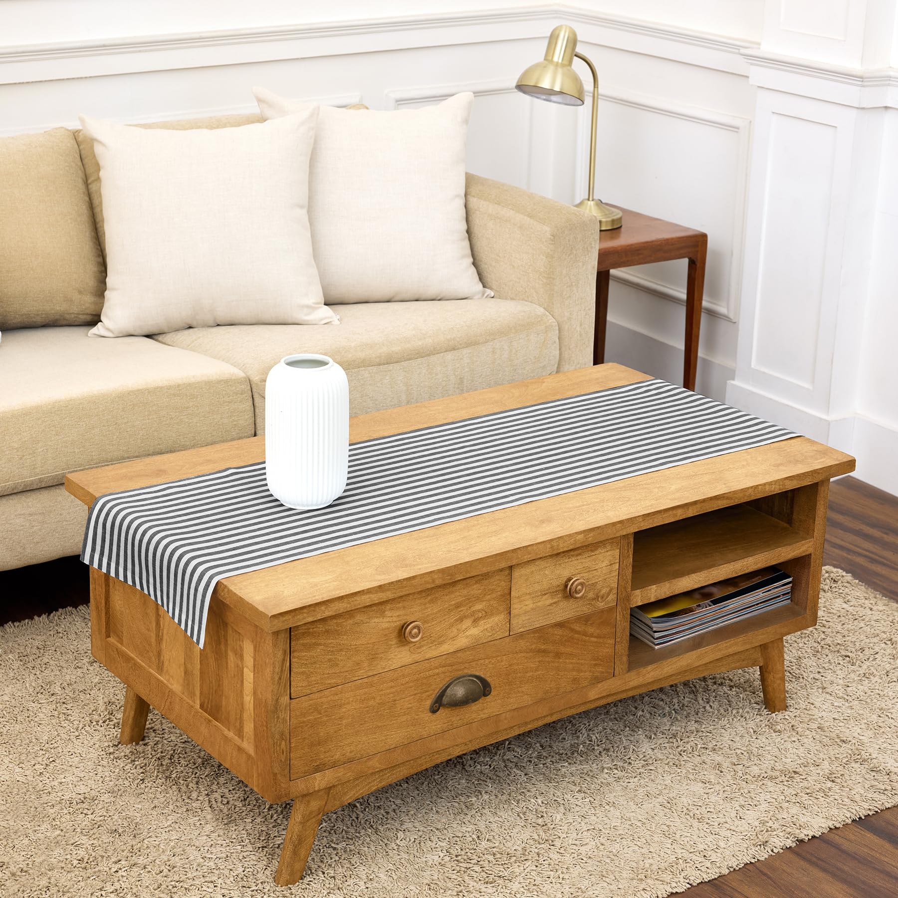 Solino Home Linen Table Runner 36 Inches - Amalfi Stripe 100% Pure Linen Natural and White Table Runner 14 x 36 Inch Ideal for Dresser and Coffee Tables - Summer