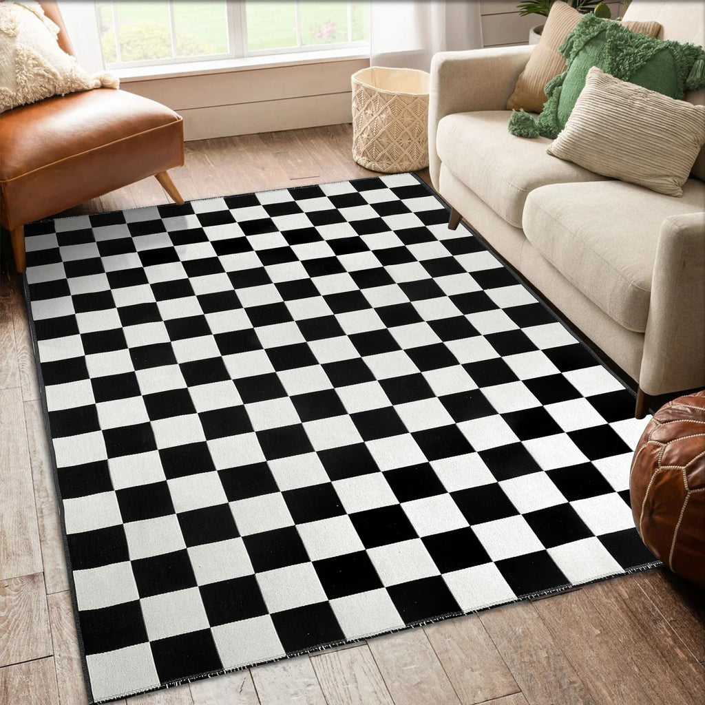 Seavish Checkered Rug, 2x3 Ft Black and White Moroccan Checkerboard Rug Washable Cotton Woven Washable Outdoor Rugs Reversible Floor Mat for Front Door Bedroom Entryway Kitchen Entryway