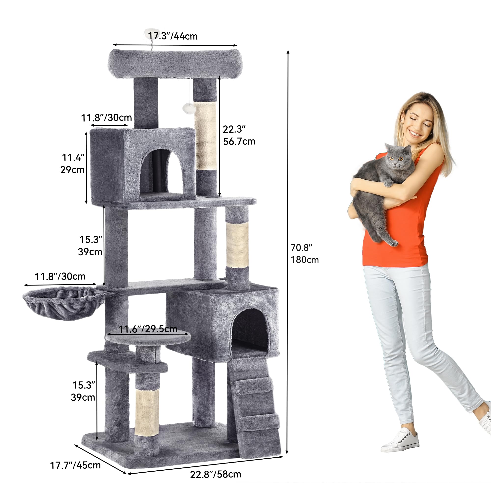 YITAHOME 44in Multi-Level Cat Tree for Indoor Kittens, Cat Furniture with Scratch Posts, Window Padded Plush Perch, Comfortable Hammock, and Interactive Pompoms, Beige