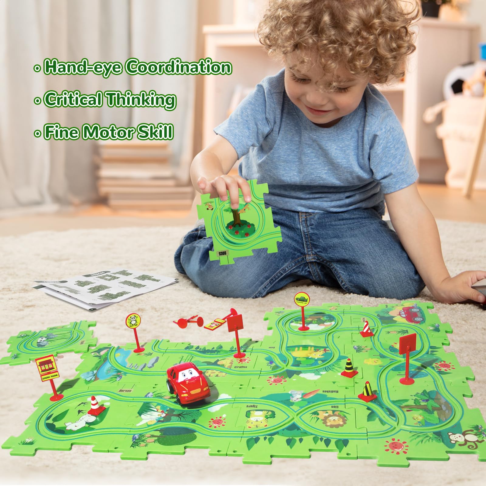 Puzzle Track Car Play Set with 12 Dinosaur Figures, Plastic Railcar Floor Puzzles for Kids Ages 3-5 with Vehicles, Toys Gifts for 3 4 5 6 Year Old Boys