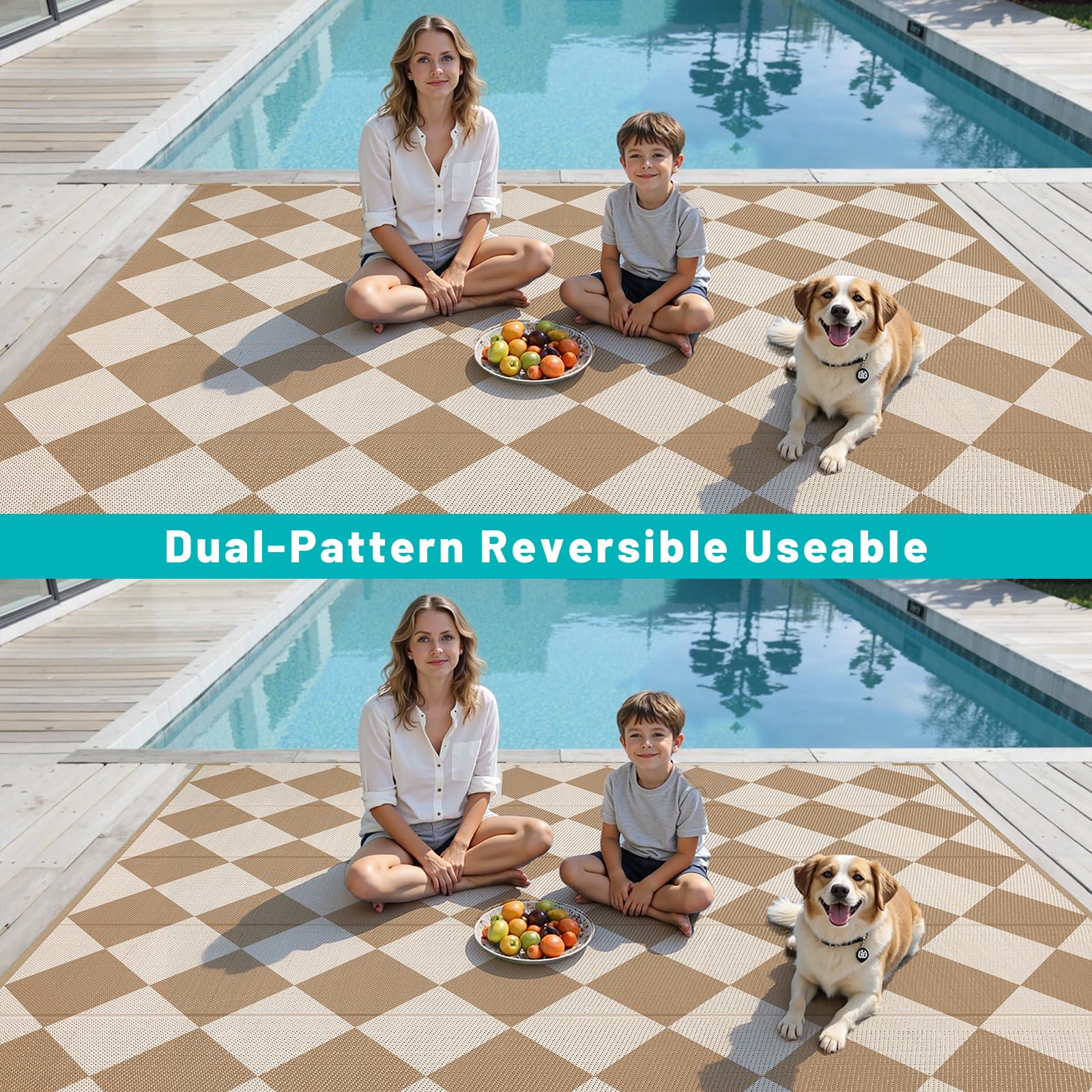 HEBE Checkered Outdoor Rug Waterproof 5x8, Reversible Plastic Straw Rug RV Camping Rug, Indoor Outdoor Patio Mat Clearance, Outside Carpet for Porch,Deck,Camper,Balcony,Backyard,Picnic