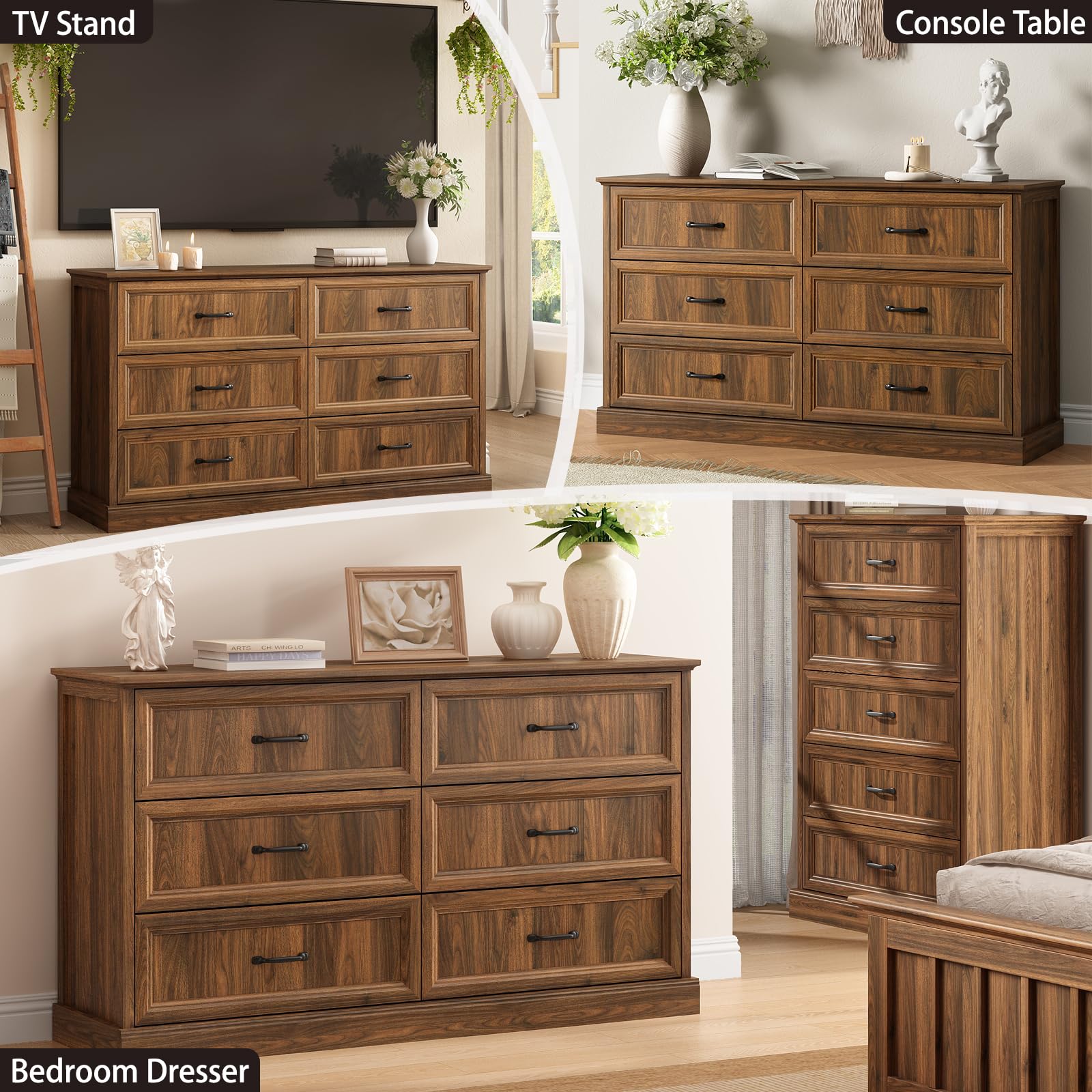 Farmhouse 5 Drawers Dresser for Bedroom, 44" Tall Brown dresser Wood Rustic Chest of Drawers with Wide Metal Handle,Natural Texture,Drawer Organizer for Bedroom,Living Room,Hallway and Entryway