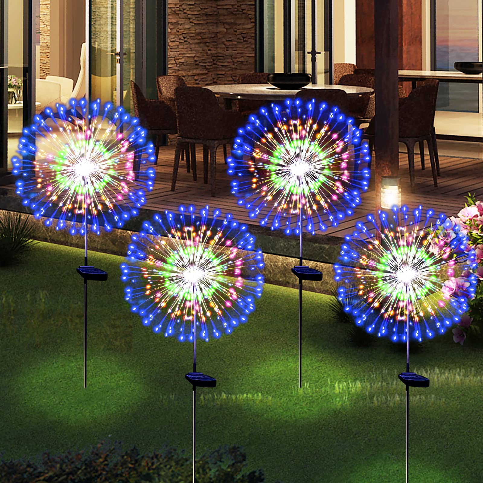 Solar Garden Firework Lights Outdoor Waterproof, 2 Pack Solar Powered Art Stake Twinkle Lighting for Outside Decor, 120 LED Sparklers String Lights for Yard Pathway Decorations(White)