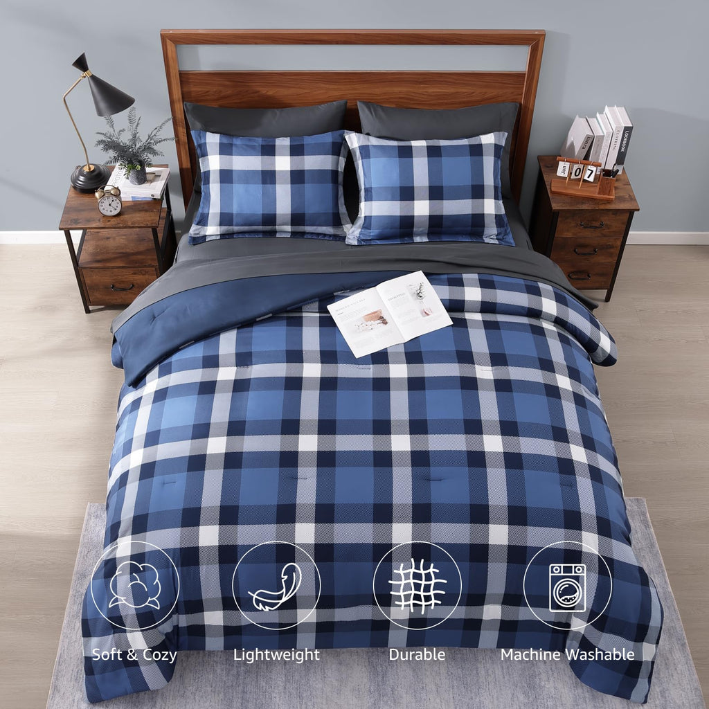 MaiRêve Queen Comforter Set, Classic Plaid Farmhouse Bedding Sets 7 Pieces, Beige All Season Bed in A Bag with Sheets, Pillowcases & Shams