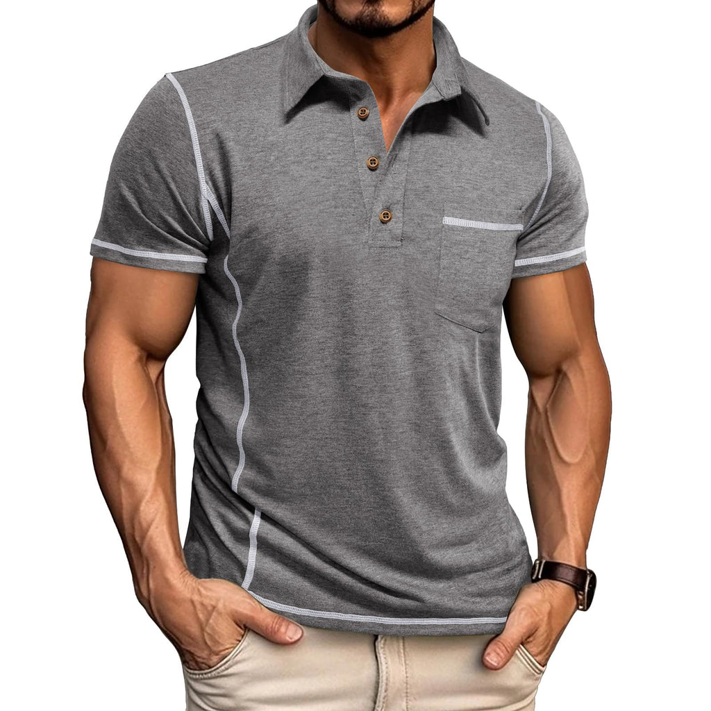 Men's Casual Long Sleeve Polo Shirts Collared Button Cotton T-Shirt Classic Stylish Golf Shirt with Pocket
