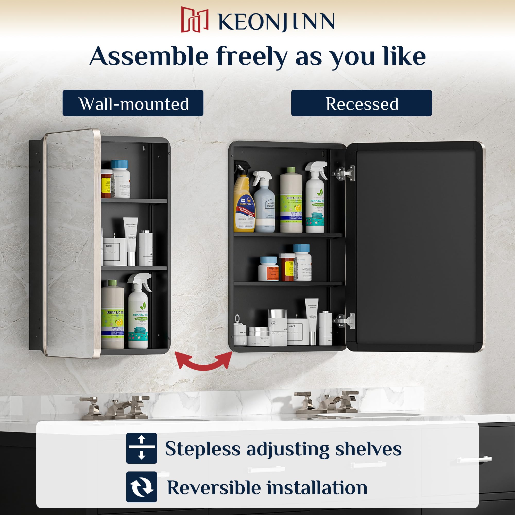 Keonjinn 15 x 36 Inch Black Slim Medicine Cabinets, Narrow Bathroom Side Medicine Cabinet with Mirror, Stainless Steel Framed, Adjustable Shelves, Recessed or Wall Mount, Modern Farmhouse