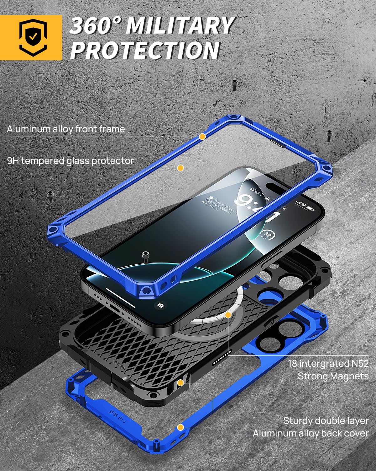 Lanhiem for iPhone 16 Metal Case with Camera Cover & Stand [Compatible with MagSafe] [Built-in Kickstand] [Military-Grade Protection] Heavy Duty Rugged Magnetic Phone Case, Black