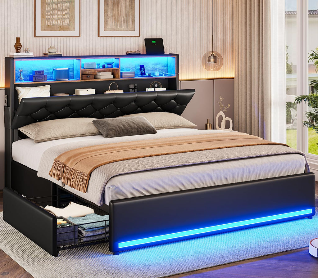 BTHFST Twin Bed Frames with Headboard & 4 Drawers, LED Bed Frame Twin with Charging Station, Upholstered and Metal Twin Bed with Storage, No Box Spring Needed, Black PU