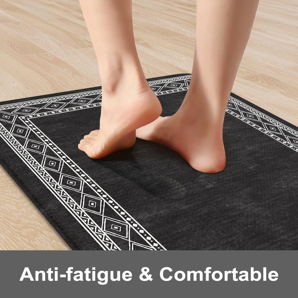 KIMODE Anti Fatigue Kitchen Mats 17"x47"+17"x29", Farmhouse Kitchen Rugs Sets of 2, Cushioned Non Skid Kitchen Mats for Floor, Comfort Kitchen Floor Mats for Sink Laundry Desk Black