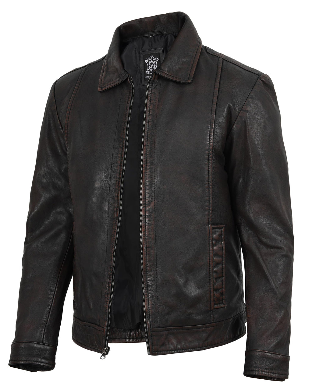 Decrum Vintage Style Mens Leather Jacket - Real Lambskin Classic Shirt Collar Leather Jackets for Men