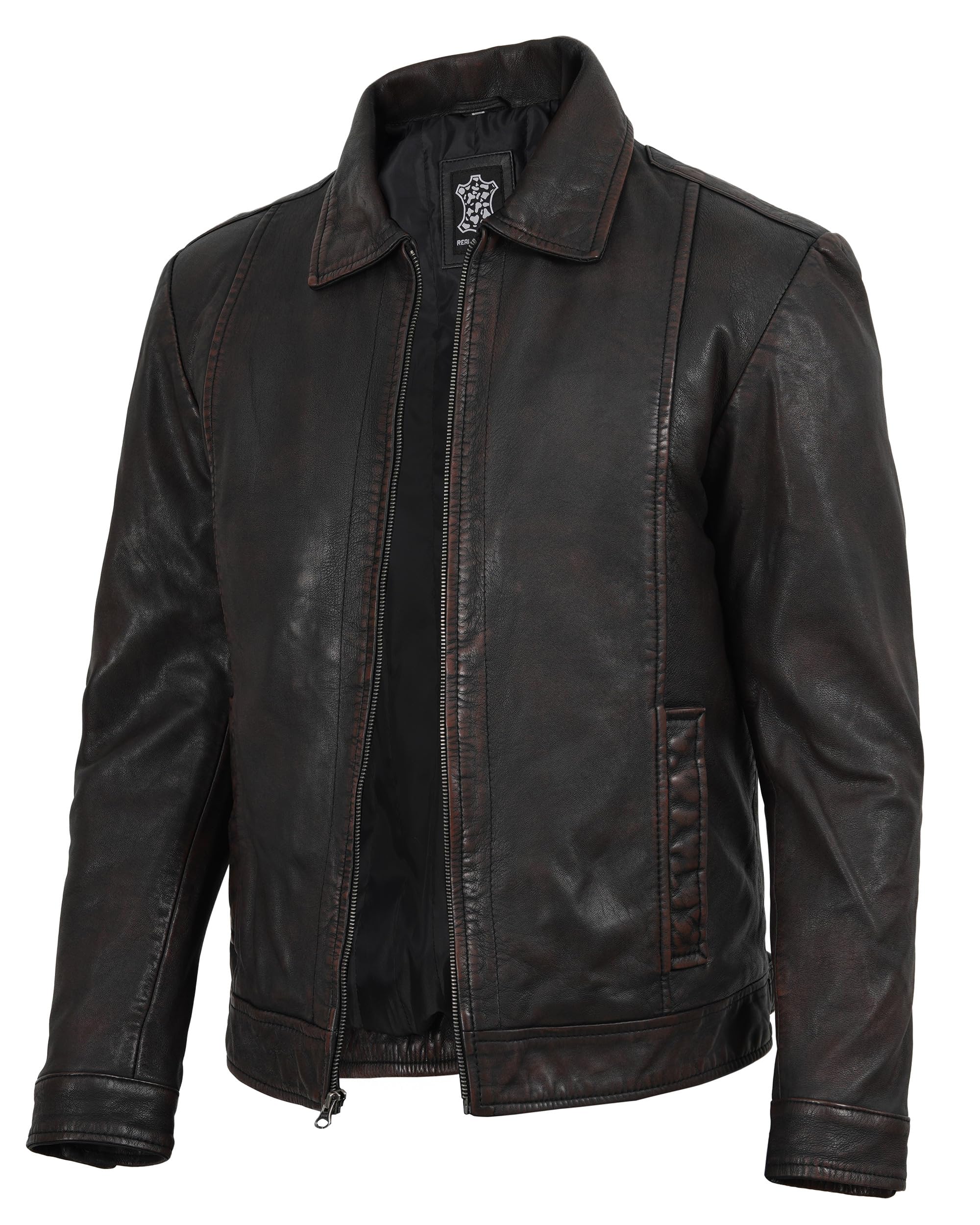 Decrum Vintage Style Mens Leather Jacket - Real Lambskin Classic Shirt Collar Leather Jackets for Men