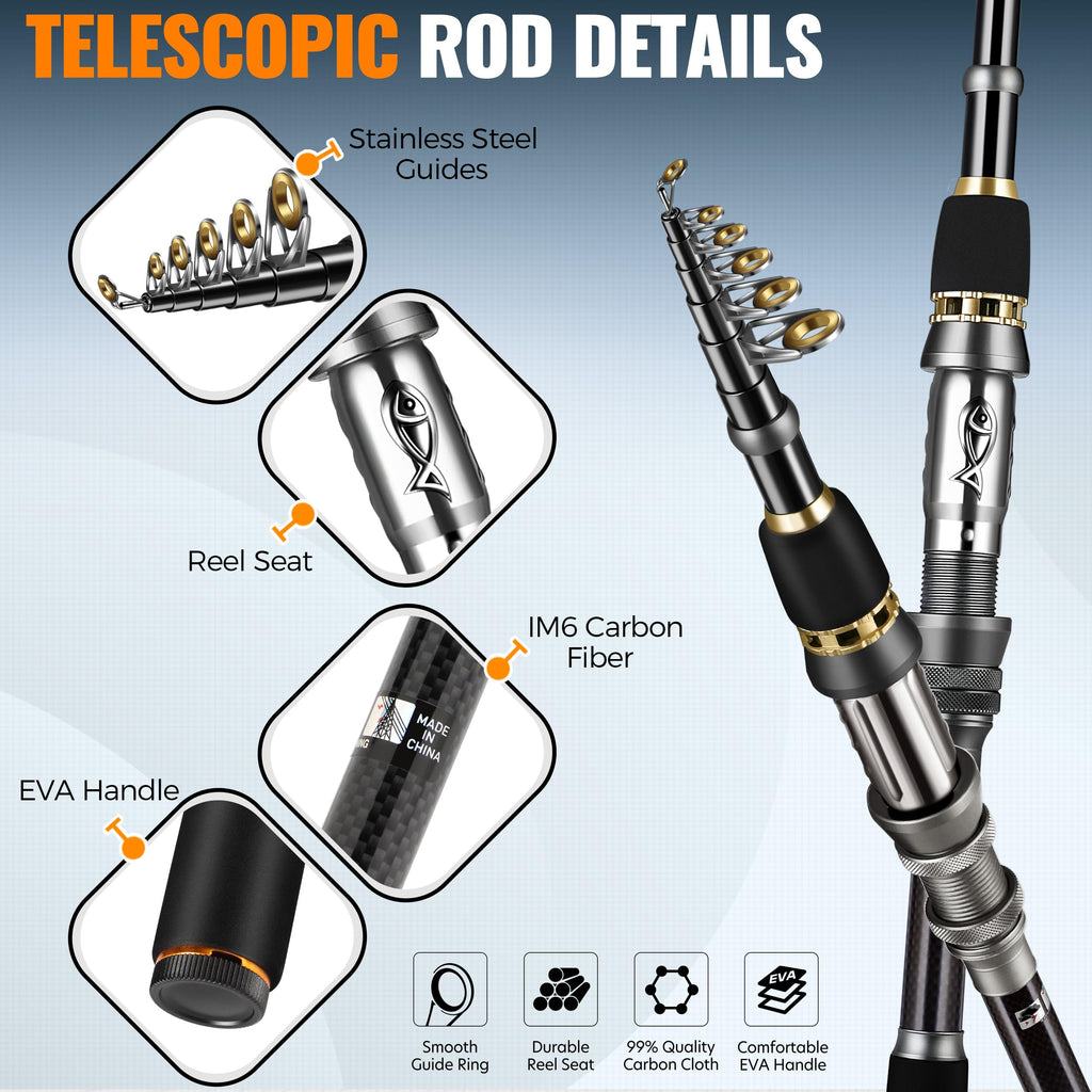 PLUSINNO Fishing Rod, Telescopic Fishing Rod and Reel Combo, Collapsible Travel Fishing Pole Rod Starter Kit, Carbon Fiber Fishing Rods and 12 +1 Bearings Stainless Steel, Fishing Gifts for Men Adults