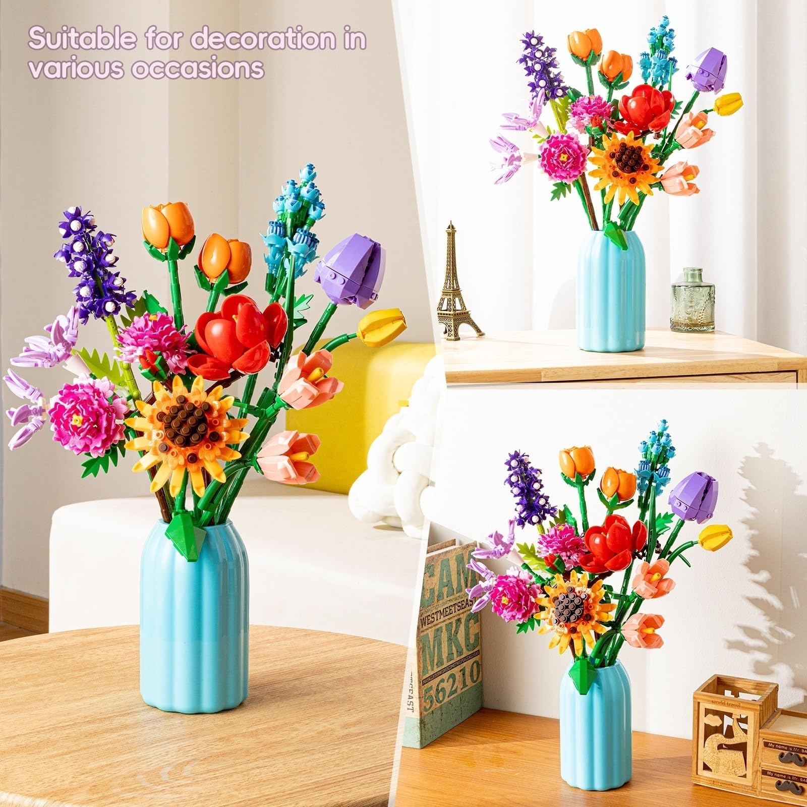 Sawaruita Purple Tulip Flower Bouquet Building Block Sets for Adult Women | Botanical Collection with Vase, Home Decor Gifts for Mothers Day,Valentines,Birthday
