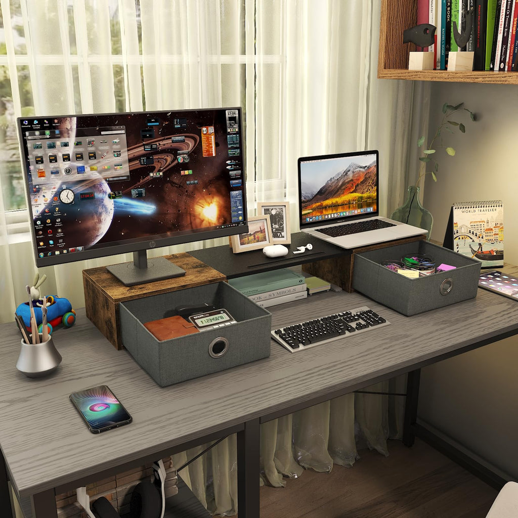 WESTREE Dual Monitor Stand Riser with Two Drawers, Extra Large Storage Monitor Stand for 2 Monitors, Desktop Oraganizer Stand for Computer,Laptop,Screen,Printer,TV